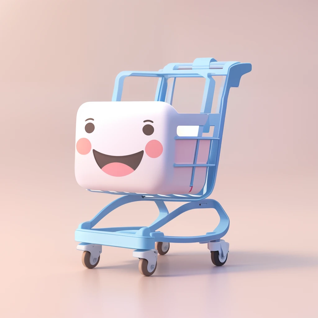 There is a small toy shopping cart with a smiley face, bonito 3 d render, Pescador! c4d, carrinho de supermercado, wagon, digital art emoji collection, 3 d illustration, 3 d illustration, toon render keyshot, 3d model of a Japanese mascot, design do brinquedo, shopping cart icon, Pictoplasma bonito, painting digital adorable, bela arte digital