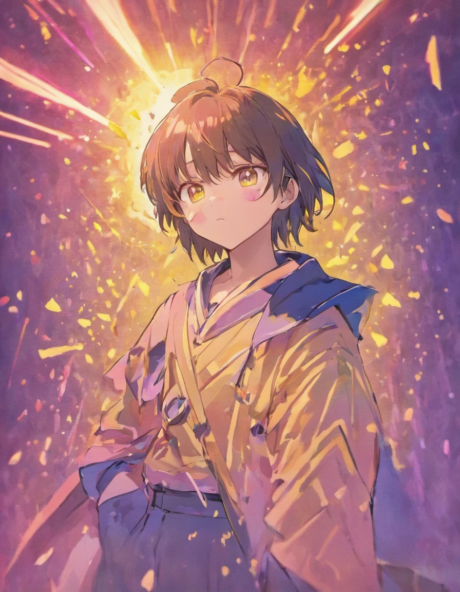 medium length dark hair with a light pink streak in his bangs and some purple, and yellow part (which usually called banana). His eyes are dark purple.