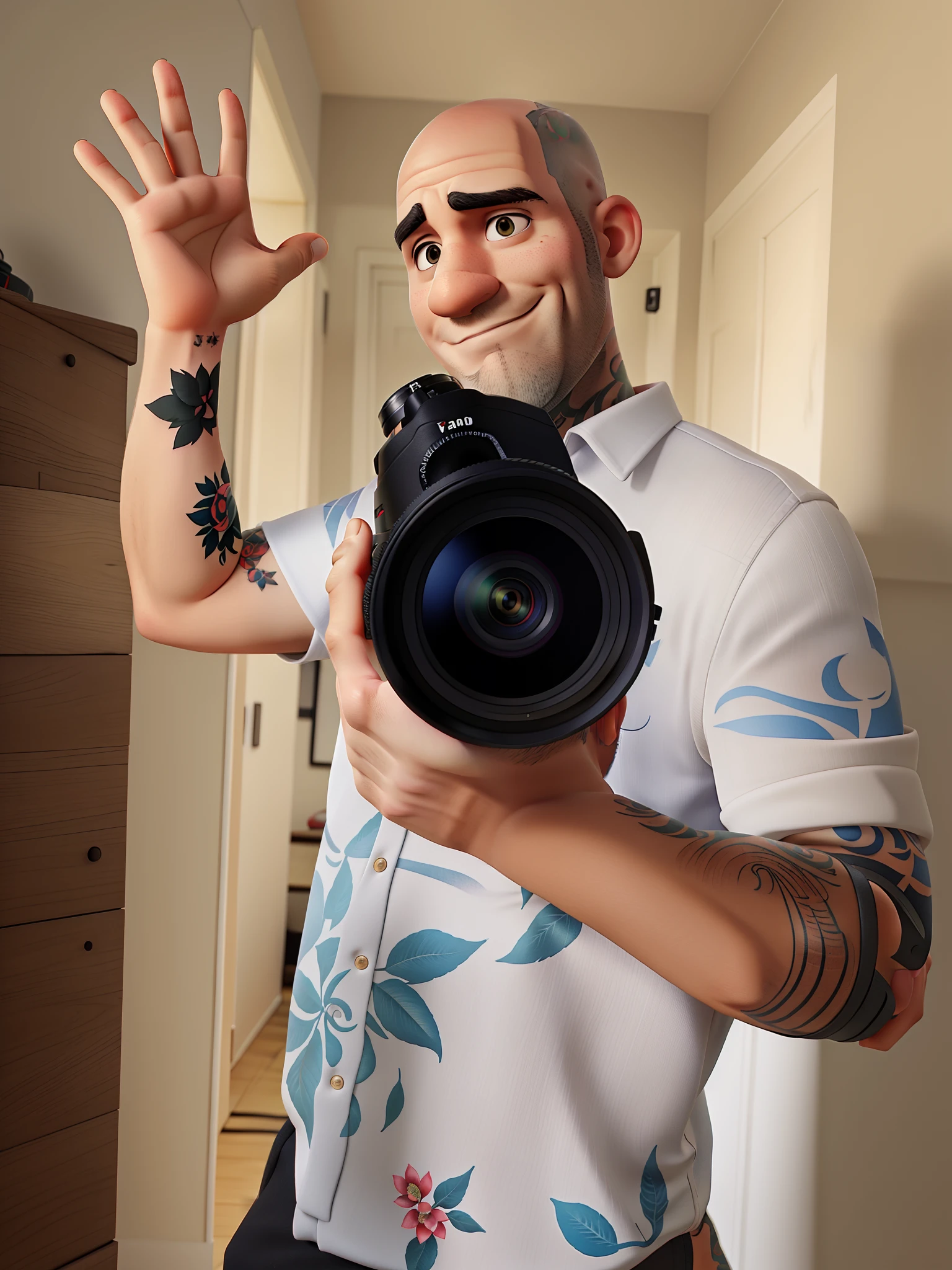 Tattooed bald man with canon camera