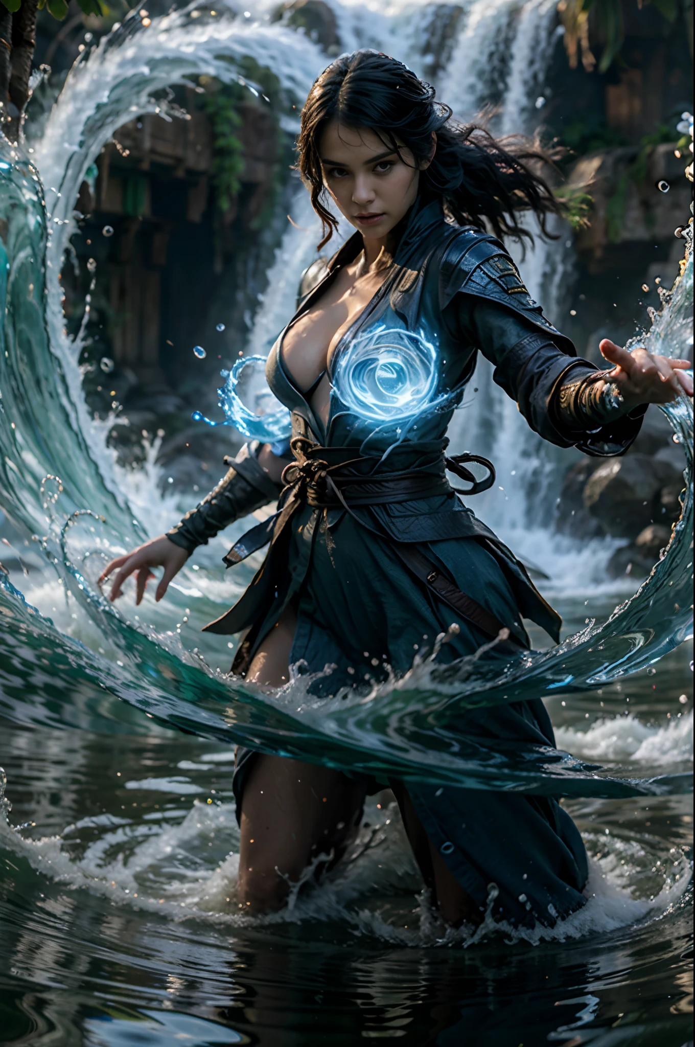 masterpiece, best quality, top quality, super high resolution, 8k HDR, 8k wallpaper, RAW, huge file size, intricate details, sharp focus, high saturation, girl, solo, cleavage, pretty face, full body, water mage, control water, waves, water protection.