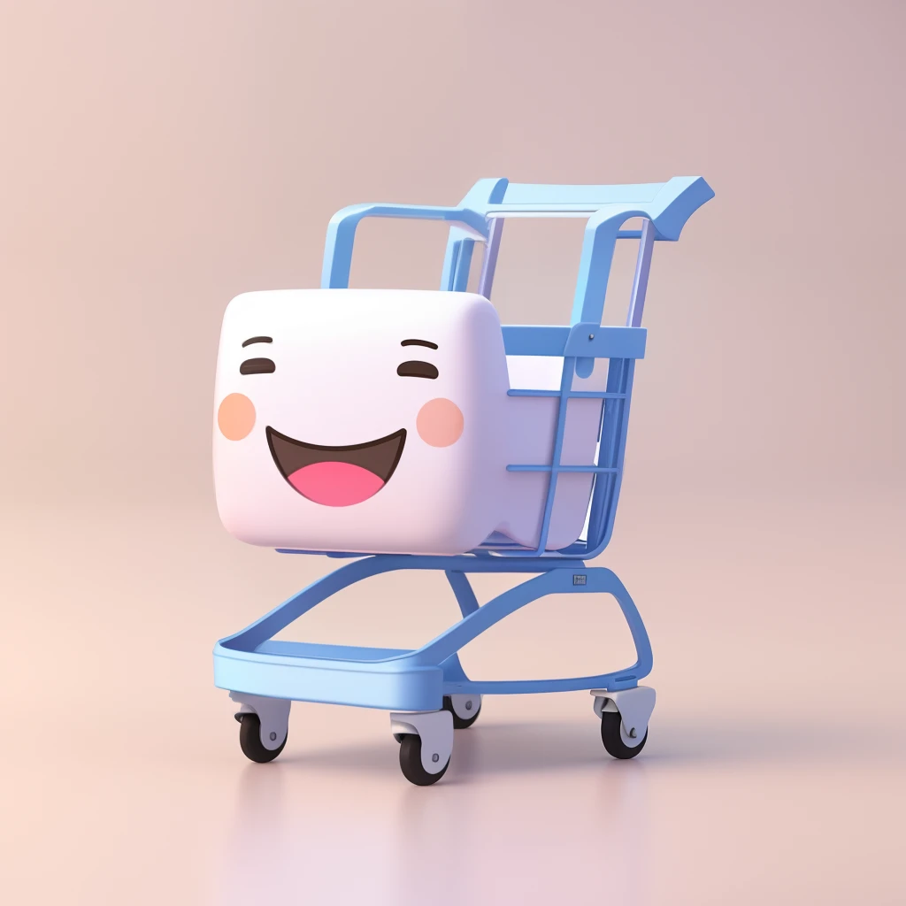 There is a small toy shopping cart with a smiley face, bonito 3 d render, Pescador! c4d, carrinho de supermercado, wagon, digital art emoji collection, 3 d illustration, 3 d illustration, toon render keyshot, 3d model of a Japanese mascot, design do brinquedo, shopping cart icon, Pictoplasma bonito, painting digital adorable, bela arte digital