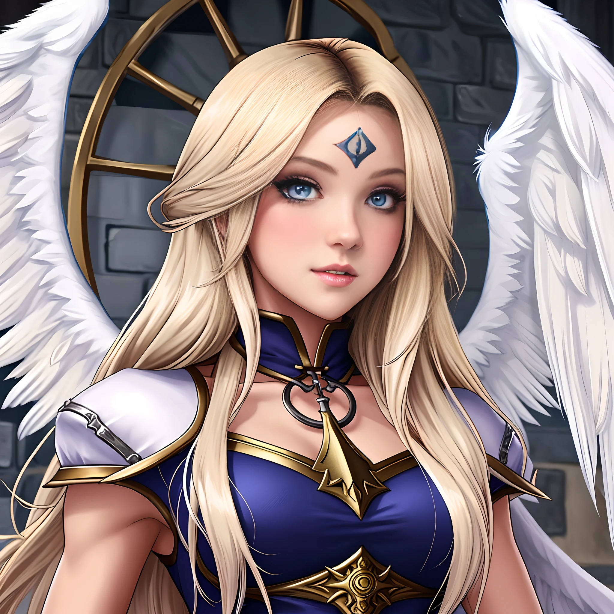 do it for me: estilo anime castlevania, uma mulher de cabelo loiros, branca e com olhos castanhos claro, with angelic appearance and wings