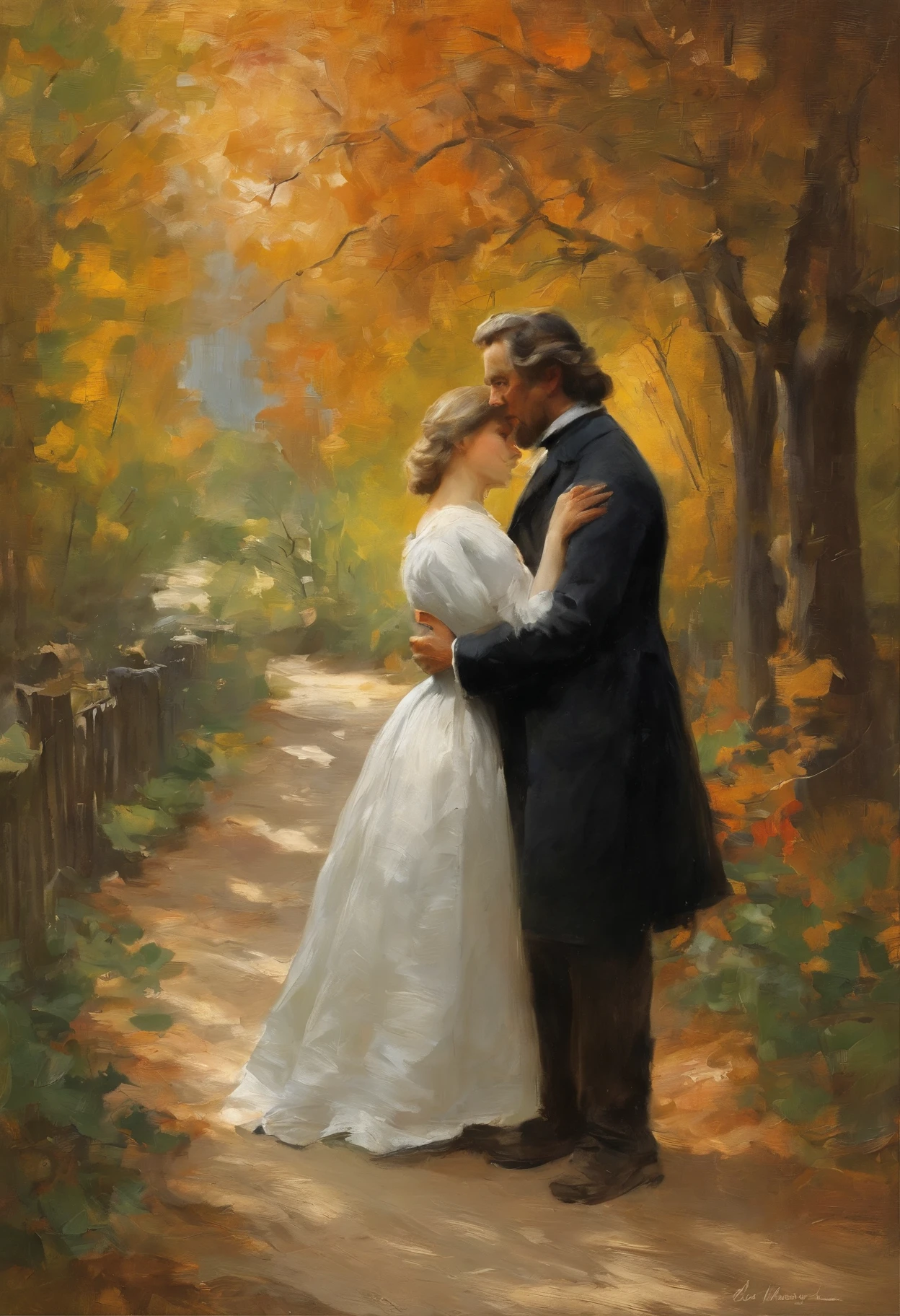 Generate an image of a charming 50-year-old man with luscious locks and a stunningly beautiful 18-year-old maid with flowing hair, dressed in a white apron, strolling arm in arm along a path in a sunny autumn park, flirting with each other, in the style of intricate black and white illustrations, victorian-era clothing, lush detailing, uniformly staged images, romanticized nature, heavy shading, Alex Raymond --v 5