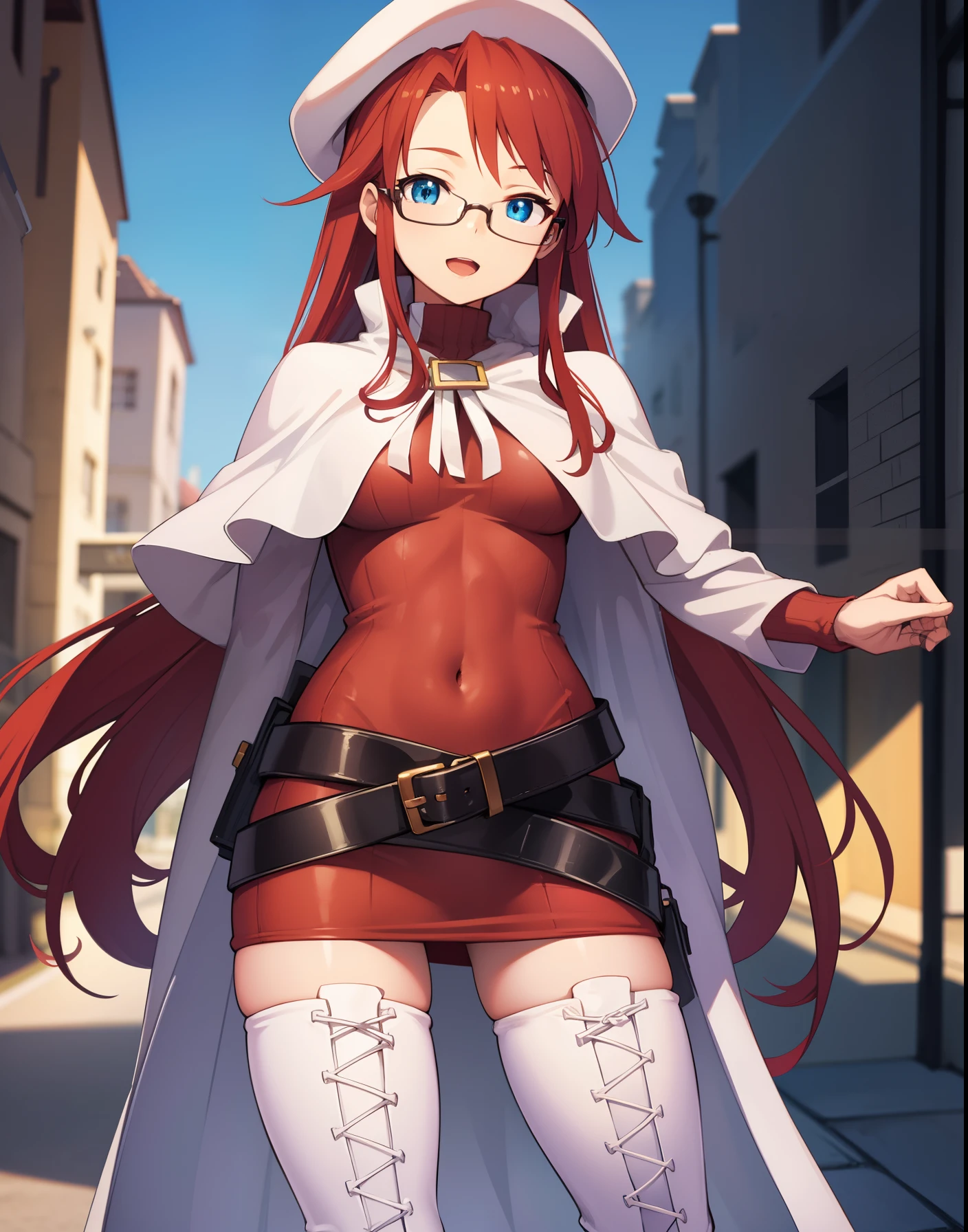 summonnightaty, aty, long hair, blue eyes, red hair, beret, hat, glasses,
BREAK long hair, thighhighs, hat, dress, boots, glasses, belt, cape, sweater, zettai ryouiki, beret, thigh boots, white footwear, ribbed sweater, loose belt,solo,
BREAK outdoors, fantasy,on_a_ship,
BREAK (masterpiece:1.2), best quality, high resolution, unity 8k wallpaper, (illustration:0.8), (beautiful detailed eyes:1.6), extremely detailed face, perfect lighting, extremely detailed CG, (perfect hands, perfect anatomy),covered_nipples,covered_navel,light_smile ,(half_eyes:1.4),long_sword,edge,armpit,sleepy,dynamic_standing,red_sweater,apart_legs,magical_effect,pulmp,big_tits,light_open_mouth,prepare_a_sword