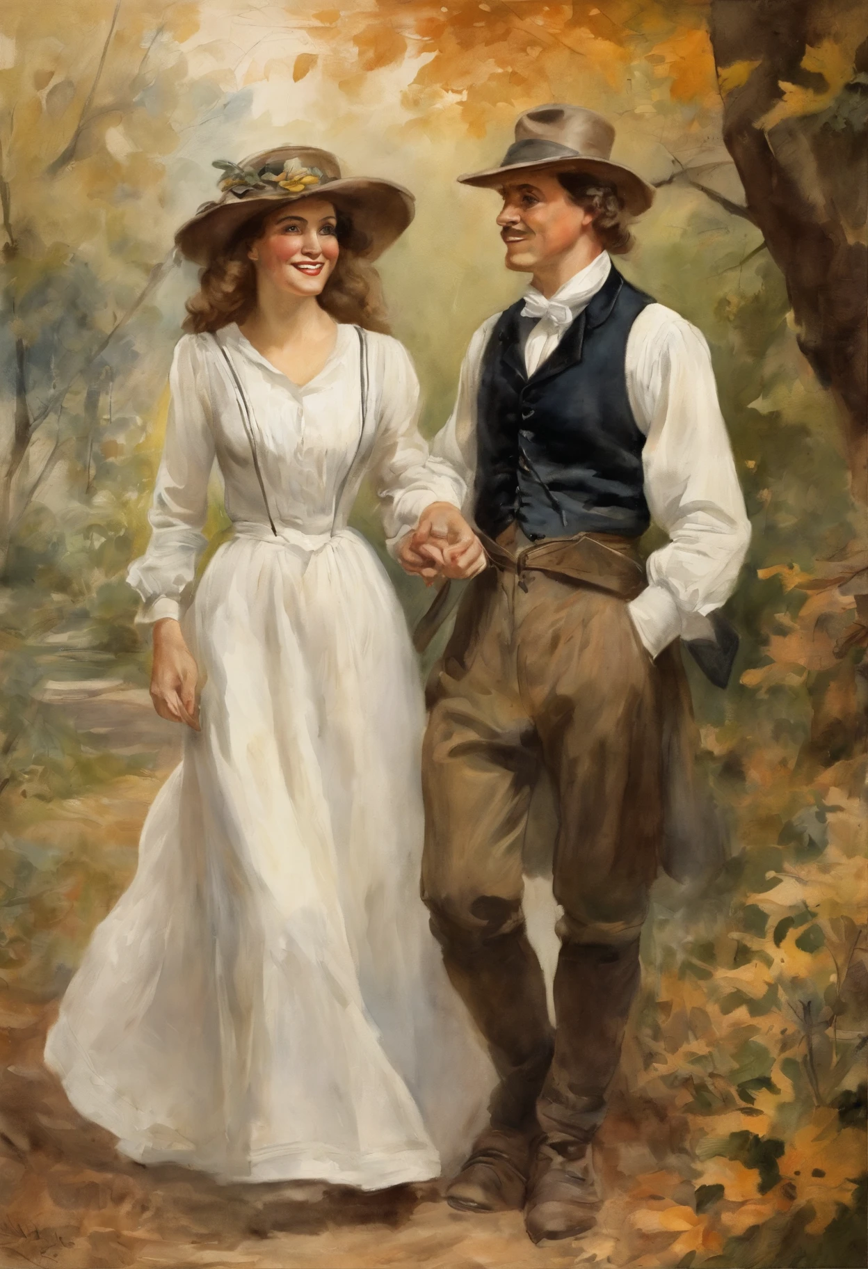 Generate an image of a charming 50-year-old man with luscious locks and a stunningly beautiful 18-year-old maid with flowing hair, dressed in a white apron, strolling arm in arm along a path in a sunny autumn park, flirting with each other, in the style of intricate black and white illustrations, victorian-era clothing, lush detailing, uniformly staged images, romanticized nature, heavy shading, Alex Raymond --v 5