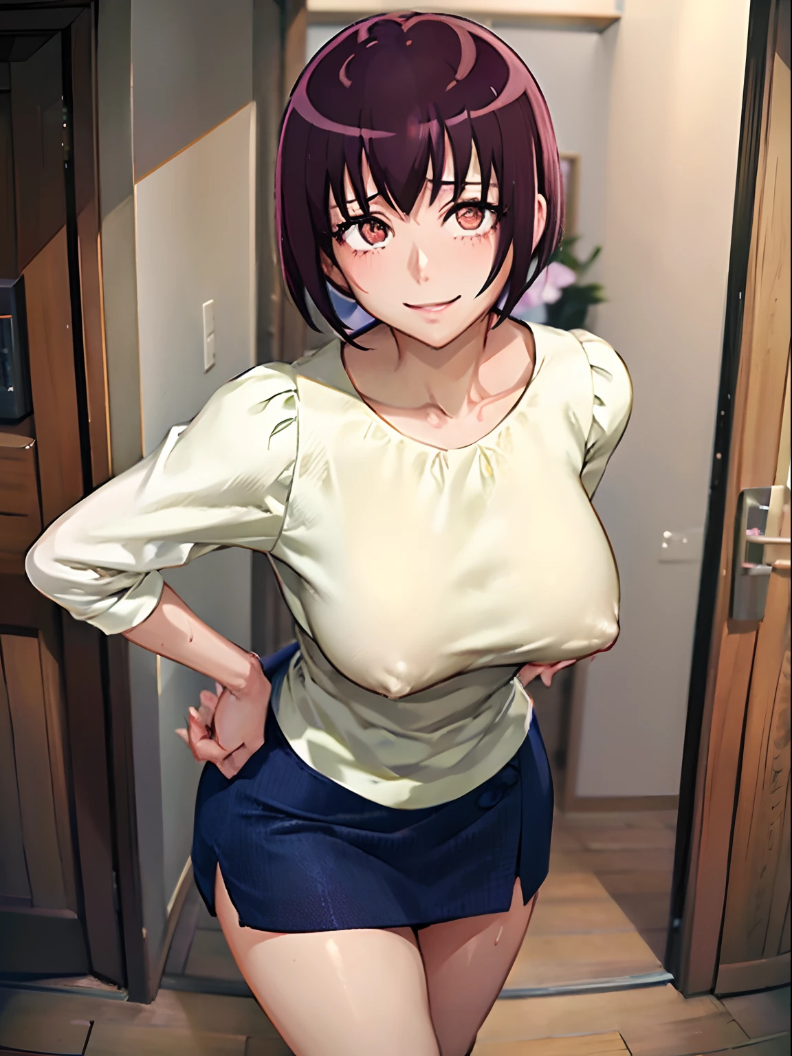masutepiece、masterpiece、top-quality、Beautuful Women、Extraordinary beauty、White shirt、Short skirt、panthyhose、Colossal tits、teats、short-cut、A dark-haired、Nasty smile、beauty legs、1人の女性、full of sweat、red blush、nipple erect