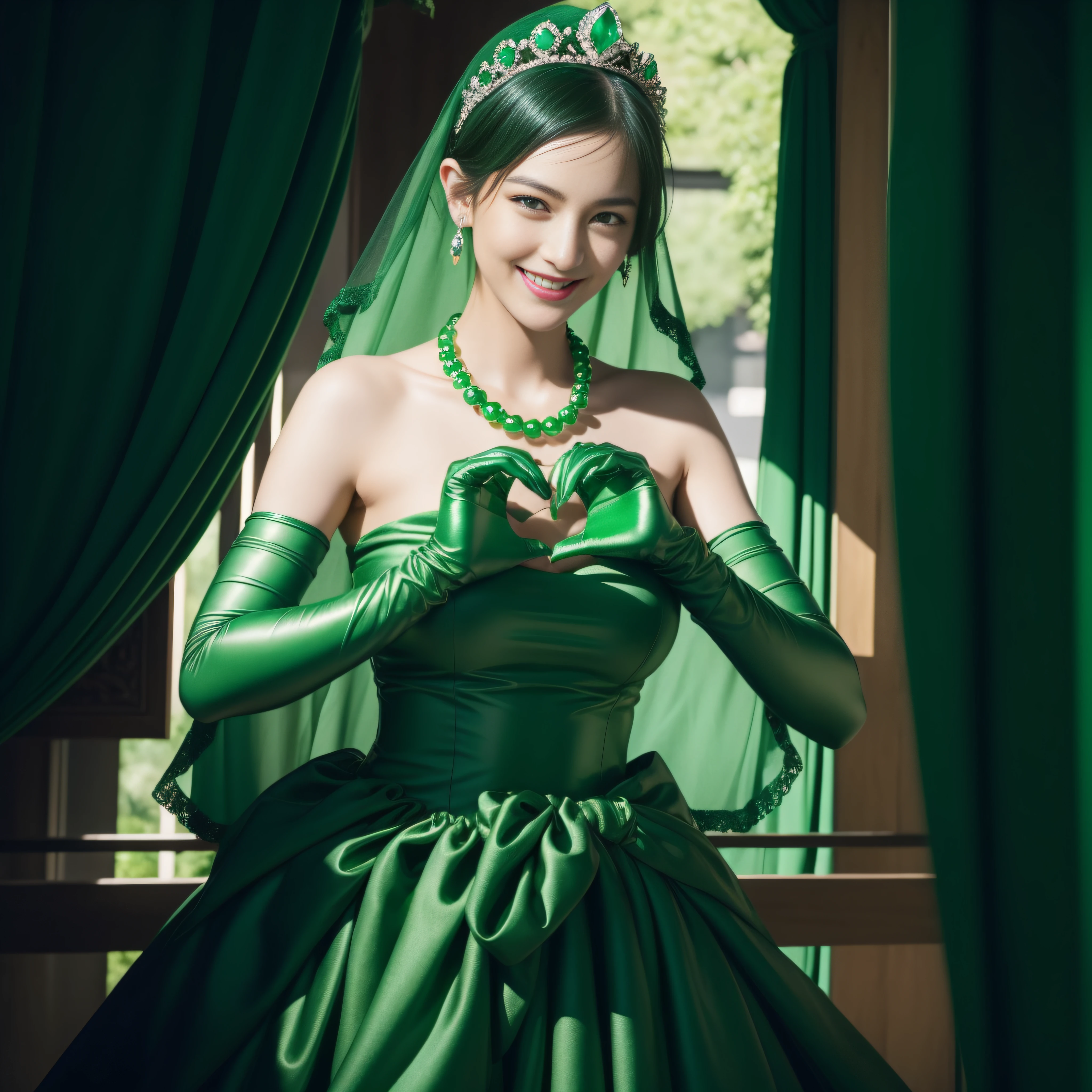 emerald tiara, green pearl necklace, Boyish black hair berry short, lipstick, Smiling Japan woman, very short hair, big breasts beautiful, green eyes, Green long gloves made of satin material, green eyes, emerald earrings, Green Valley, Heart with both hands