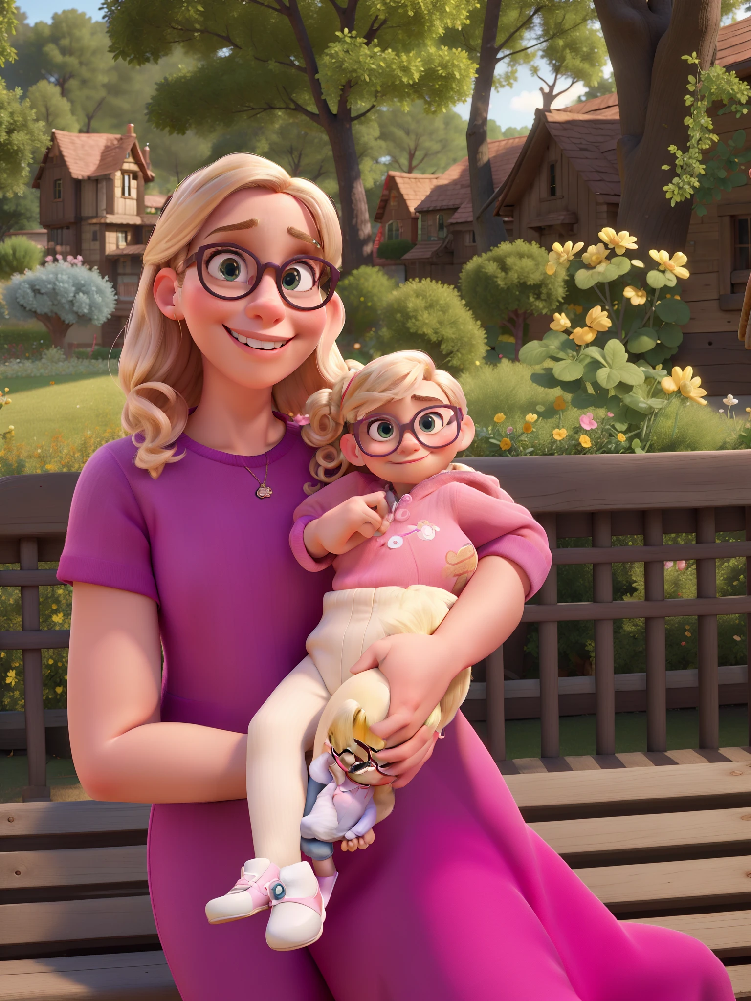 masterpiece, best quality, a Disney Pixar blond woman with glasses wearing pink clothes holding a Disney Pixar baby without hair brown eyes