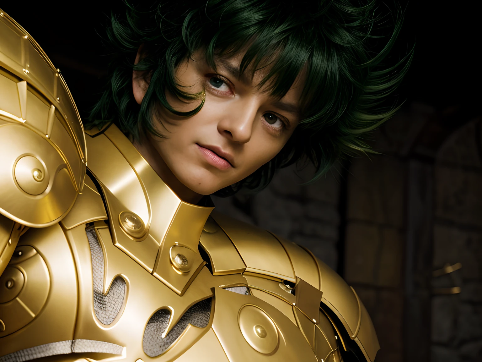Cinematic stunningly detailed and ultra-realistic of Shura of Capricorn of Saint Seiya. Close up, slightly low and side view. He is wearing a golden detailed medieval armor. Shoulder armor. Muscular. He is Spanish man about ((45 years old)). 1boy. Detailed elongated face. (Pretty big green eyes). Perfect eyes. (Serious look). ((Strong exrepssion)). (Shaved)). He has short green hair. Messy hair. Bangs. (breast less). He is staring his enemy. (full body armor), (bright golden armor), (detailed armor, high quality), (ornate armor), (hdr), (noble), inspiring, film, cinematic lighting.