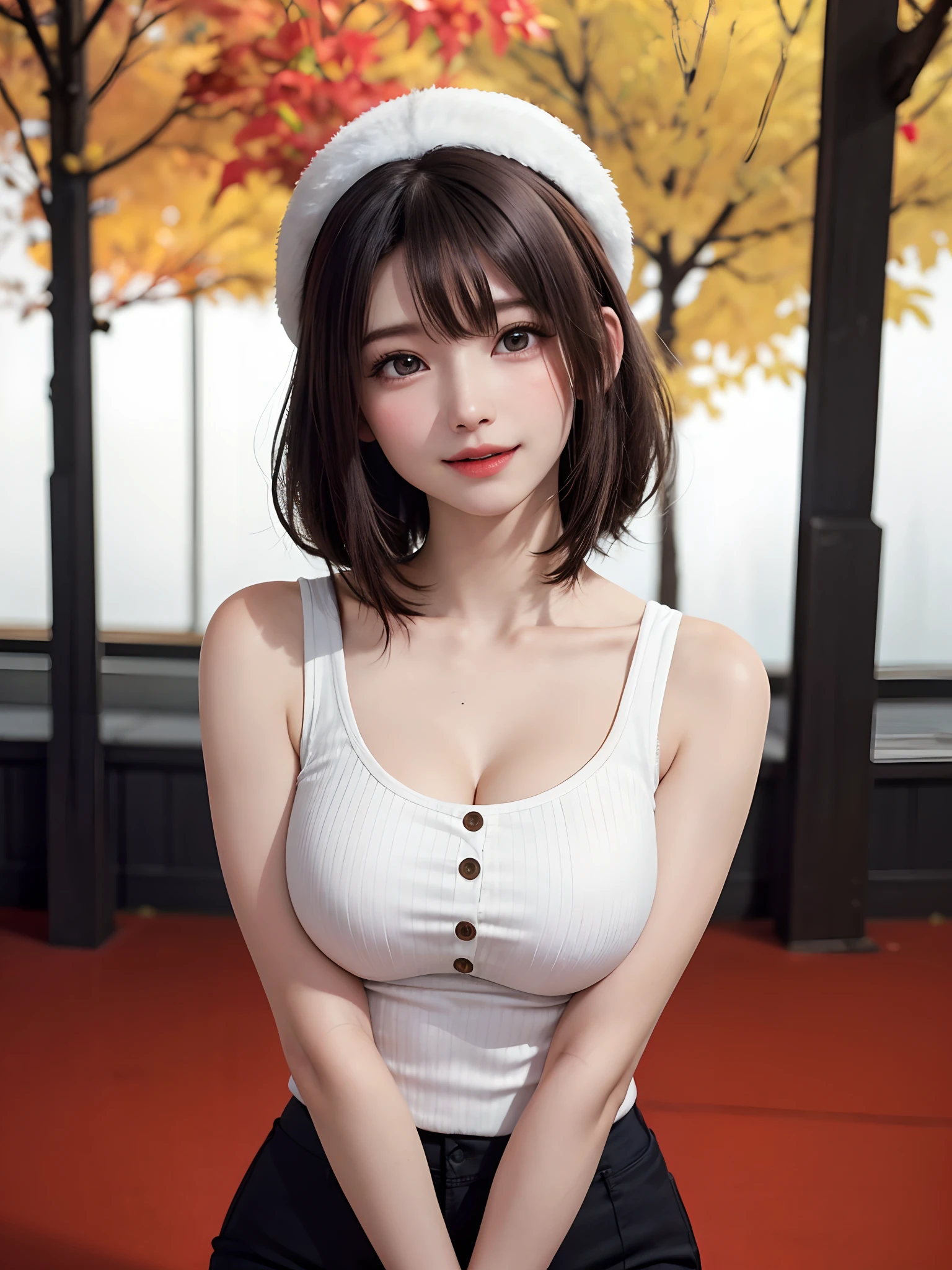(masutepiece:1.4, top-quality、Very attractive adult beauty with a very cute smile:1.4、Add intense highlights to the eyes:1.4、Look firmly at the camera、Beautiful woman full of adult charm:1.4),1girl in, 独奏, Light brown shiny hair, muffler,Santa Claus hat:1.4,realisitic, looking at the viewers, Bright colored crystal light blue eyes:1.4, short shiny hair, Santa Claus Starneck Knit、 Red and white costume of Santa Claus in turtleneck with round hole in the center of the chest:1.4,Sexy red and blue turtleneck knit sweater with round hole in the center of chest:1.4、 s lips, lipgloss:1.4,bangss, The upper part of the body、big eye、Lashes、The face is a little red:1.4、Embarrassing)、((Canadian tree-lined avenues in autumn:1.4))、((Shorthair with bangs、big eye、Put very strong highlights in your students:1.4、{Gigantic|Big|Huge|Mega} breasts:1.4、very Bigger breasts、gazing at viewer、Very beautiful beauty、Put your ears out:1.4、long neck:1.4、little smiling、Beautiful teeth、Open your mouth and smile:1.4))、28 year old:1.4、Very cute supermodel:1.4、