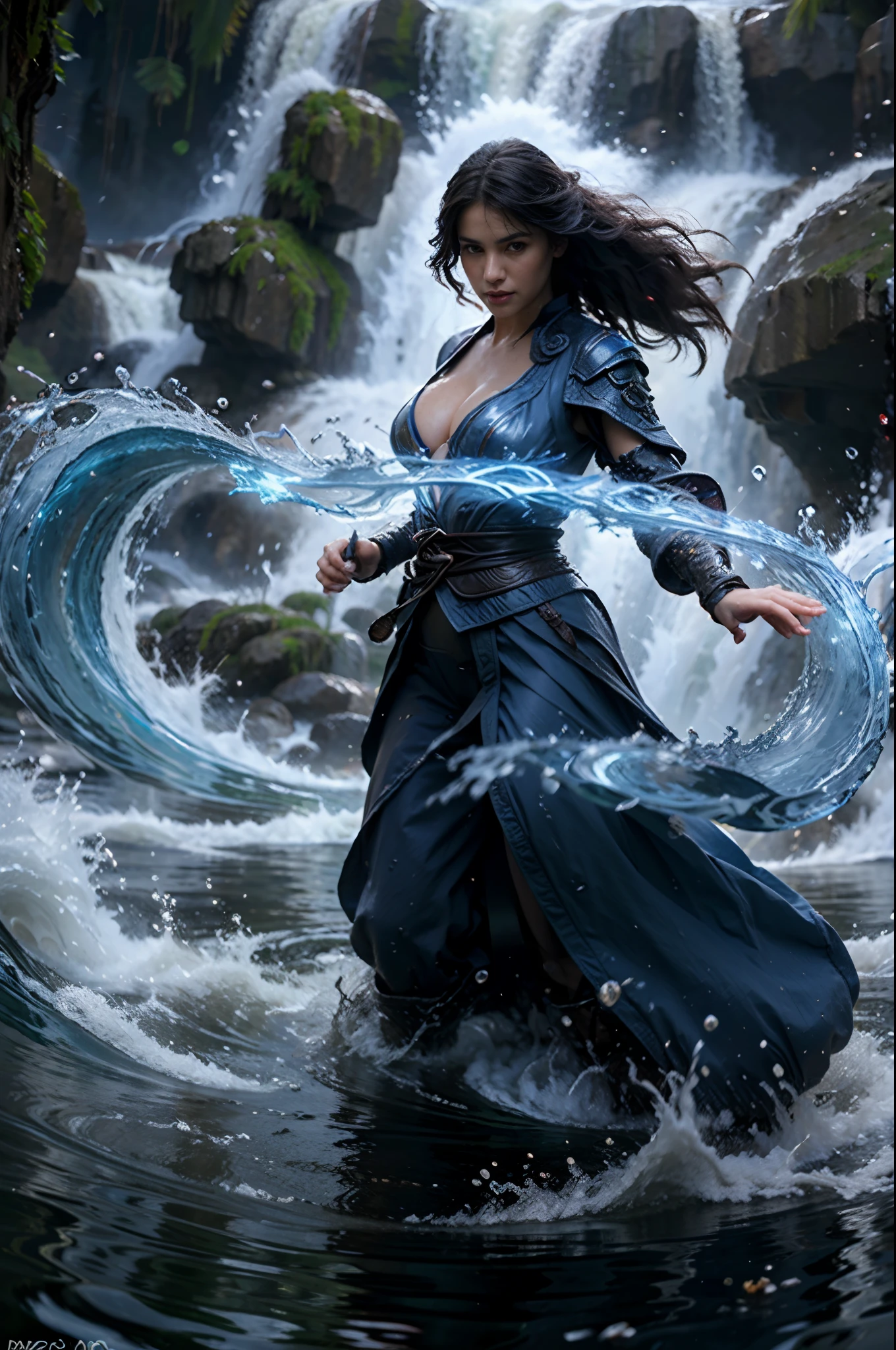 masterpiece, best quality, top quality, super high resolution, 8k HDR, 8k wallpaper, RAW, huge file size, intricate details, sharp focus, high saturation, girl, solo, cleavage, pretty face, full body, water mage, control water, waves, water protection.