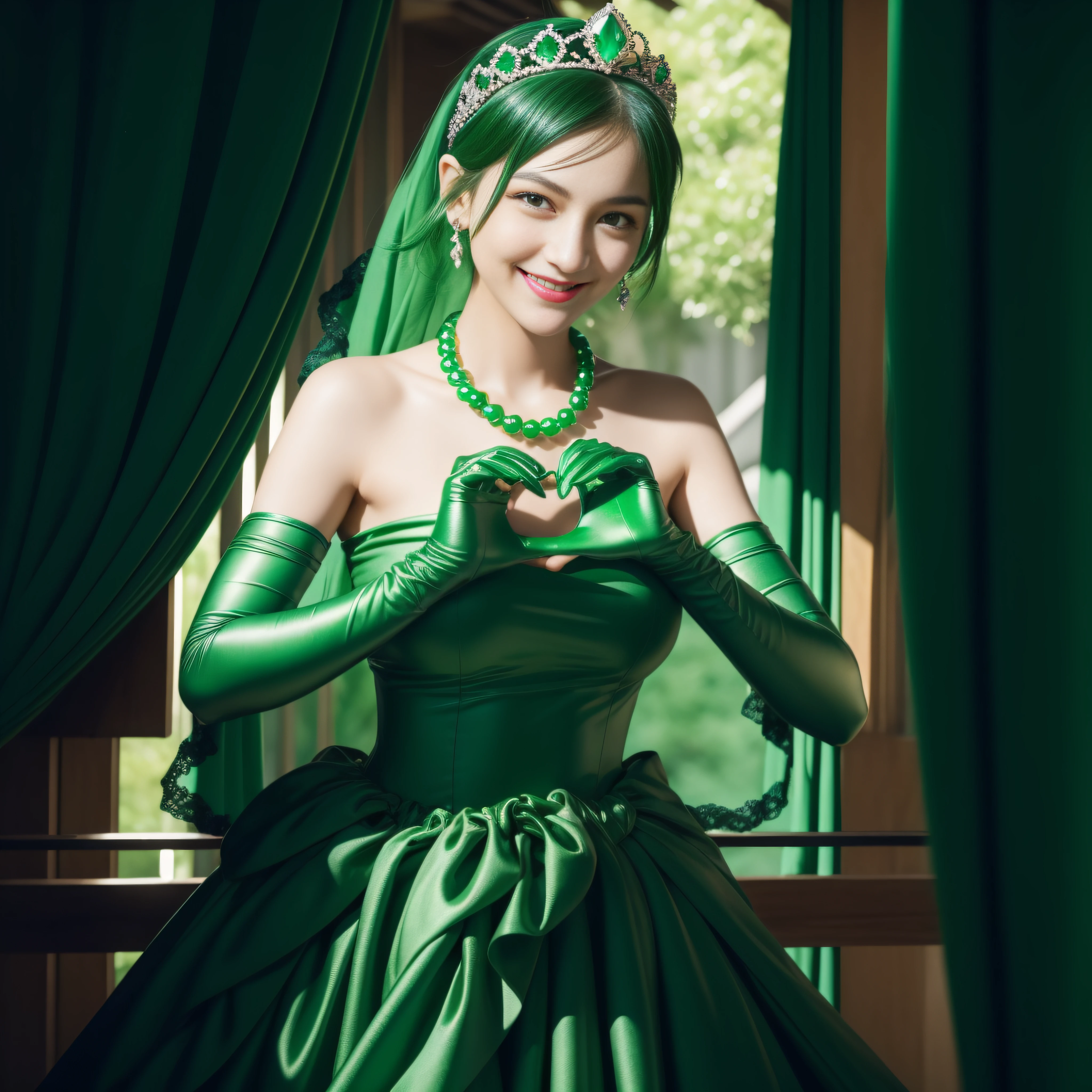 emerald tiara, Green Pearl Necklace, Boyish very short black hair, lipsticks, Japan woman smiling, very short short hair,  big breasts beautiful, Green eyes, Long green gloves made of satin material, Green eyes, Emerald Earrings, green vale, Heart with both hands,Black hair