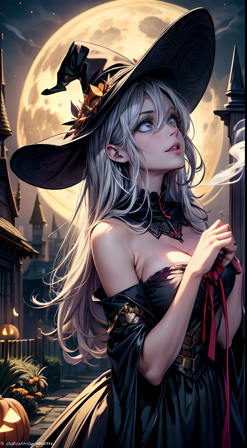 (Best quality,4K,8K,A high resolution,Masterpiece:1.2),Ultra-detailed,(Realistic,Photorealistic,photo-realistic:1.37),Fantastic Halloween,Beautiful detailed eyes,beautiful detailed lips,Girl in the garden,Witch hat，golden rays of sunlight,Whimsical atmosphere,pumpkin patch,Spooky forest,full moon,Shadows and reflections,Cosmic stars and galaxies,Falling leaves,Naughty ghosts,Corn candy,Unforgettable beautiful costumes,Magic Lantern,Smoke and mist,Creepy Crawlers,Witch potion,a haunted house,spiderwebs,Witch broom,Terrible pumpkins,black cats,Funny trick-or-treating scene,Sparkling fireworks,Moonlit Night,Dark and mysterious atmosphere,Creepy voices and whispers,The laughter of children in the distance,Dancing skeletons and jack-o'-lanterns,Engaging spells and enchantments,Engaging storytelling,Spooky joy and celebration,An otherworldly experience，anatomy correct，Exquisite facial features