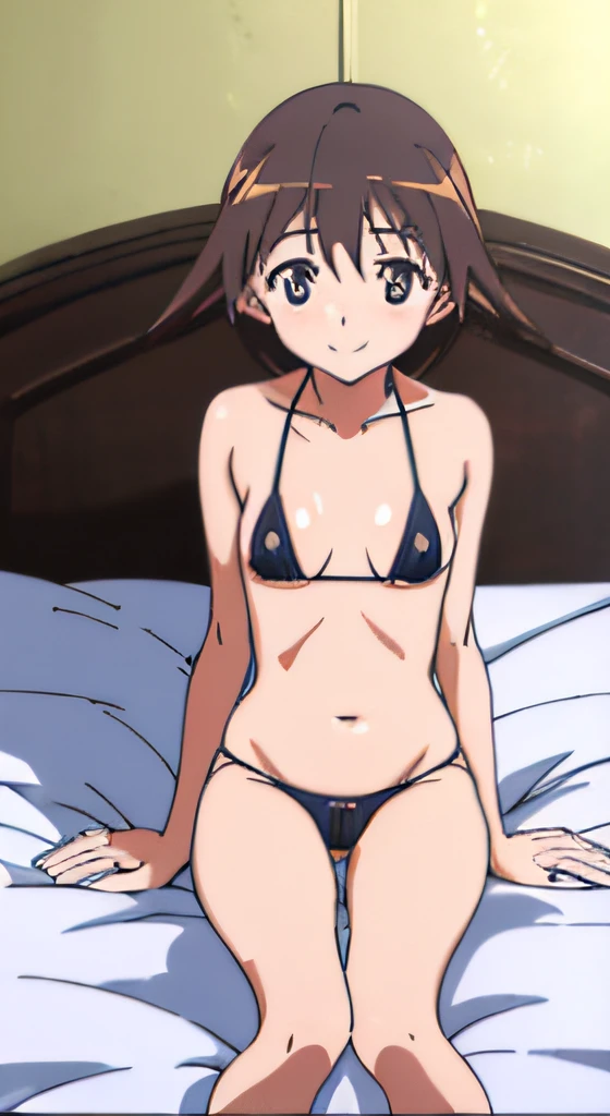 ((masutepiece)), ((Best Quality)), (Ultra-detailed), Anime style, Luxury bed, Cute little girl s, 1girl in, Solo, Micro Bikini 00, ((Beautiful eyes)), large full breasts, wearing underpants, Smile