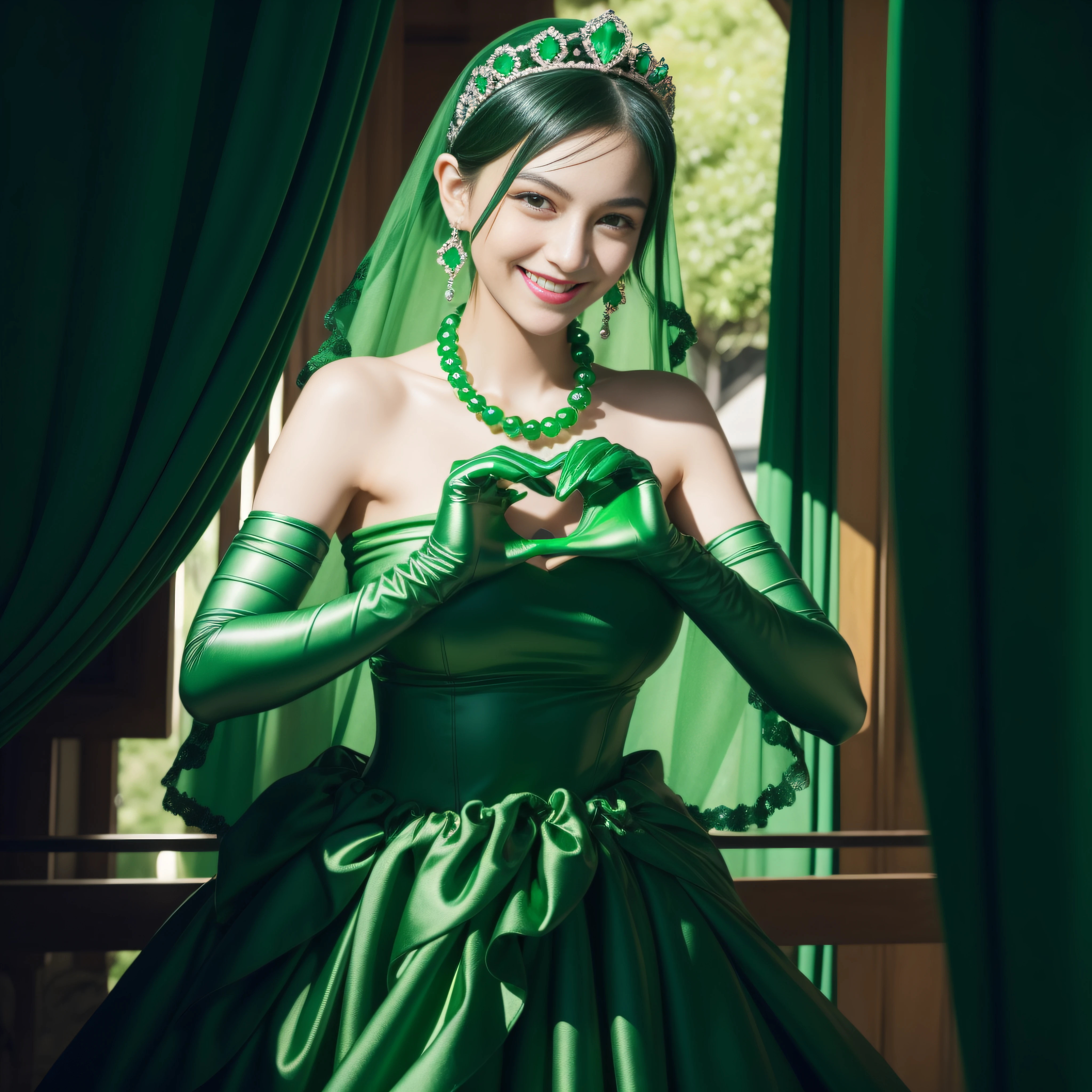 emerald tiara, Green Pearl Necklace, Boyish very short black hair, lipsticks, Japan woman smiling, very short short hair, big breasts beautiful, Green eyes, Long green gloves made of satin material, Green eyes, Emerald Earrings, green vale, Heart with both hands,Black hair
