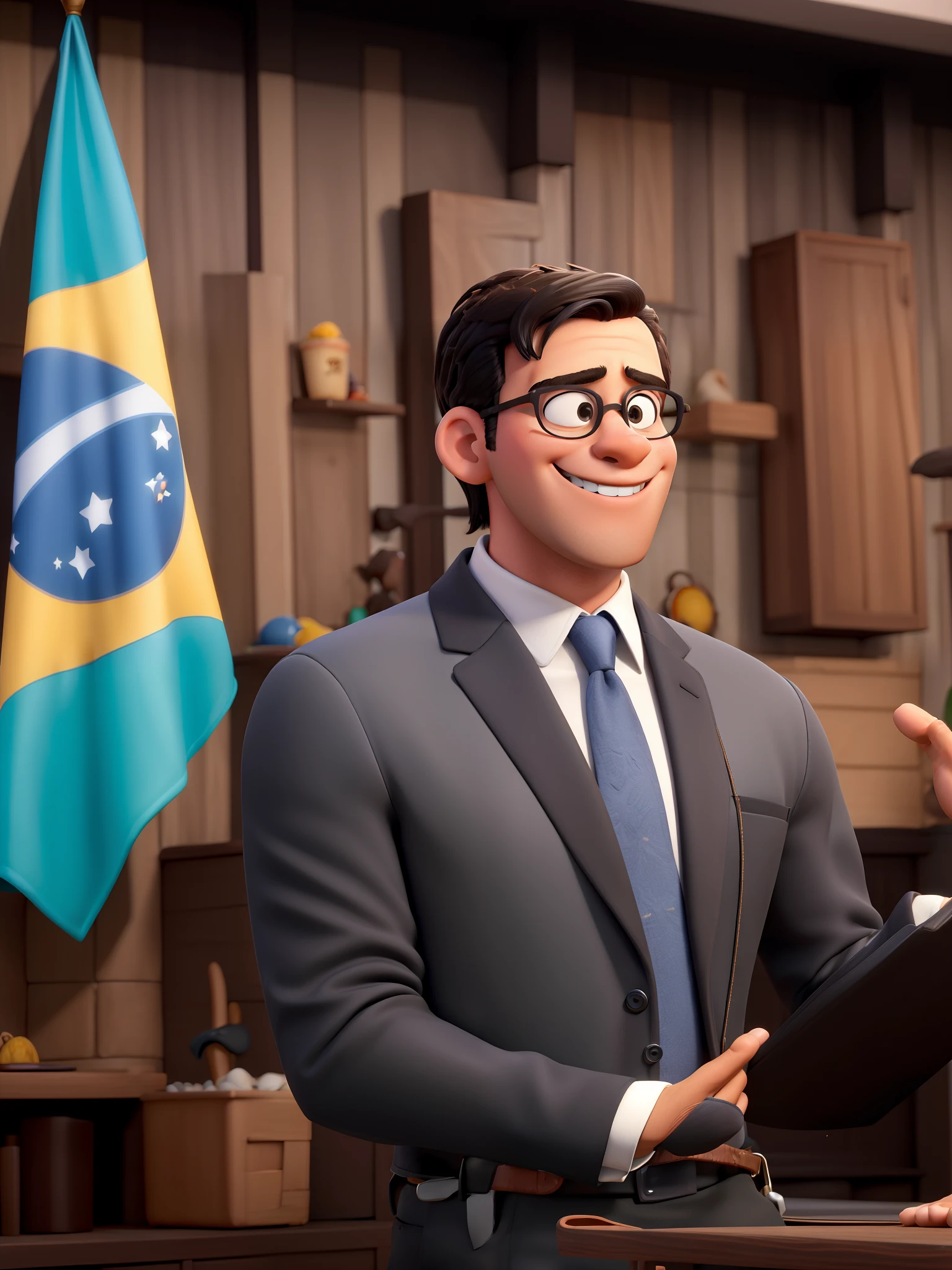 Homem branco, cabelo preto e curto, estilo disney pixar, nariz pequeno, alta qualidade, melhor qualidade, sorriso bonito