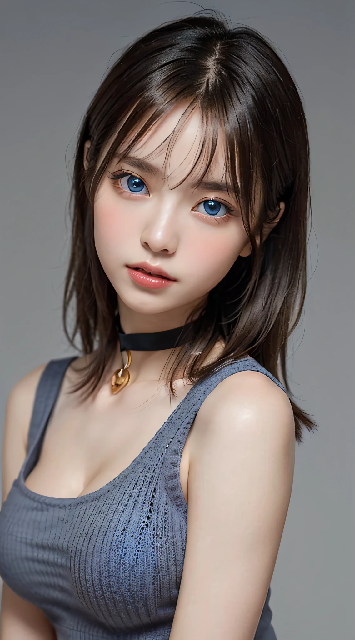 ((Shoot from below:1.7, simple gradation background:1.4)), (masutepiece, Best Quality, (Realistic, Super Real, Super Reality:1.5), (Photography)), ((2girls, duo:1.8)), (Neat and innocent personality, Gentle atmosphere:1.4), ((Brown Color Hair, (Straight very long moist hair):1.5)), (Smile:0.9), (eyes gentle), (Looking at Viewer, cinemagraph), BREAK (((Perfect beauty, Very porcelain skin, Very fair skin, Quality and beautiful skin:1.7)), Super Smart, (Faces with random and very beautiful details:1.4), (Beautiful face with symmetry, symmetrical beautiful eyes, (blue color eyes:1.2), Fine Eyes Detail, Fine face:1.3), (Large eyes, Hyper Detail Eyes, Very clear eyes:1.6), ((2females:1.4)), up of face, Slender face、Smart face, light brown hair, Blunt bangs, hair behind ear, hair over shoulder, Long hair, slender body shape, Ultra Fine Face, Thin face, Delicate lips, Keep your mouth shut, Beautiful eyes, thin blush, eyes are light brown, perfect glossy skin, flawless skin, View here, Ultra-thin hands, Ultra-fine fingers:realisitic:1.5), One-person viewpoint, Fuji Film, 8K, masutepiece, nffsw, Super Detail, High quality, Best Quality, hight resolution, ((Don't show your fingertips))、the golden hour Beautiful light, ((Black choker:1.4))、((Low Top (Dark Grey Tight Tank Top Summer Knit:1.4)))、((Dark blue hot pants))、 ((Very large breasts, firm breasts:1.7)、((Slender body、thin legs, Thin face, A slender))、 (((Positive image:1.3)))、