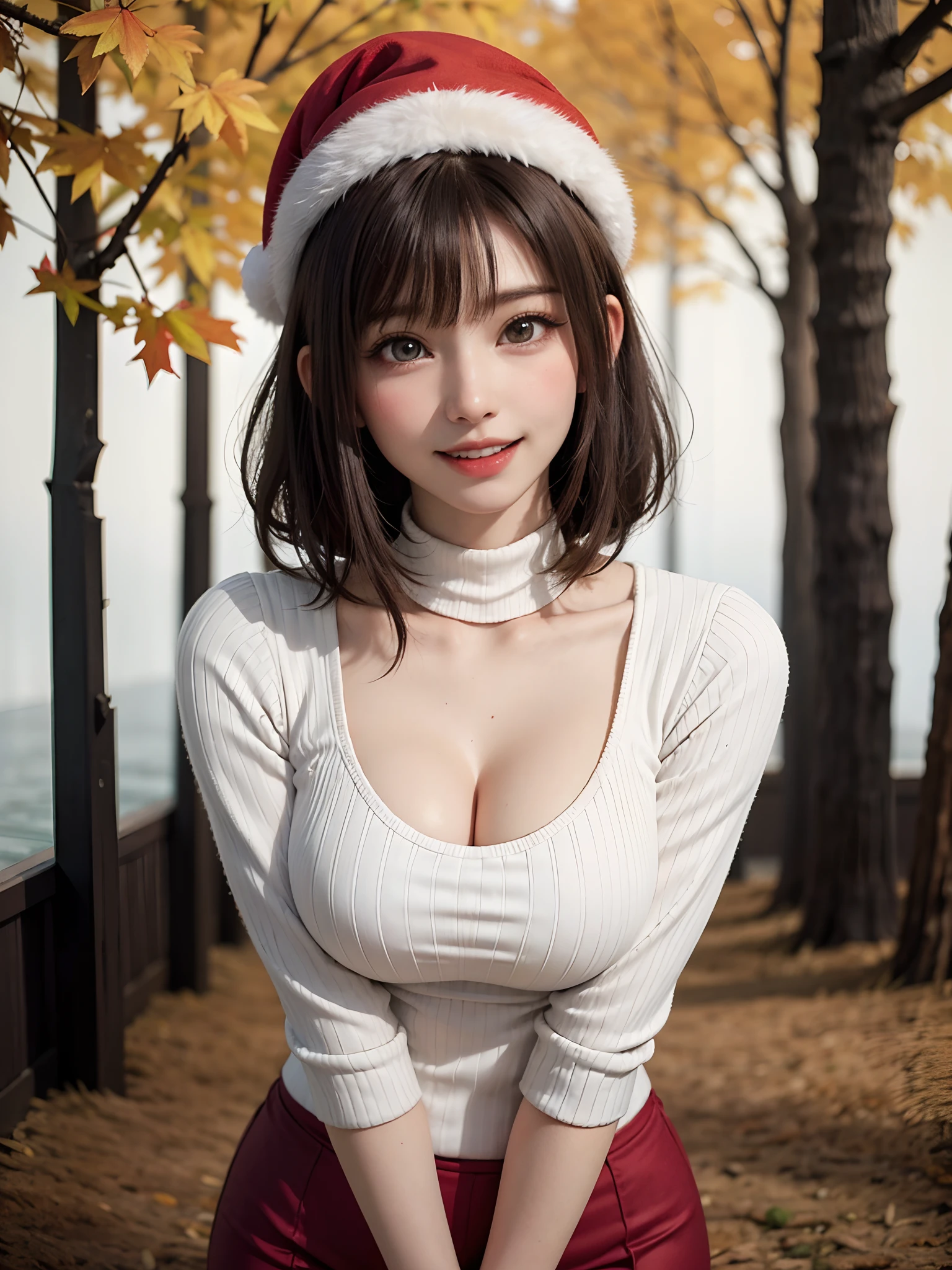 (masutepiece:1.4, top-quality、Very attractive adult beauty with a very cute smile:1.4、Add intense highlights to the eyes:1.4、Look firmly at the camera、Beautiful woman full of adult charm:1.4),1girl in, 独奏, Light brown shiny hair, muffler,Santa Claus hat:1.4,realisitic, looking at the viewers, Bright colored crystal light blue eyes:1.4, short shiny hair, Santa Claus Starneck Knit、 Red and white costume of Santa Claus in turtleneck with round hole in the center of the chest:1.4,Sexy red and blue turtleneck knit sweater with round hole in the center of chest:1.4、 s lips, lipgloss:1.4，bangss, The upper part of the body、big eye、Lashes、The face is a little red:1.4、Embarrassing)、((Canadian tree-lined avenues in autumn:1.4))、((Shorthair with bangs、big eye、Put very strong highlights in your students:1.4、{Gigantic|Big|Huge|Mega} breasts:1.4、very Bigger breasts、gazing at viewer、Very beautiful beauty、Put your ears out:1.4、long neck:1.4、little smiling、Beautiful teeth、Open your mouth and smile:1.4))、28 year old:1.4、Very cute supermodel:1.4、