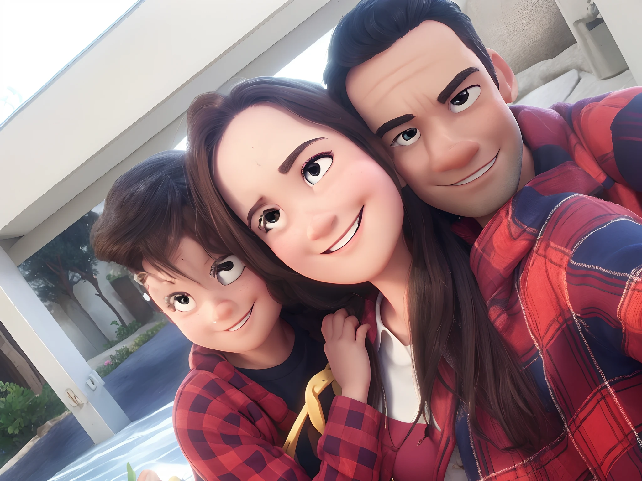 One family, Pai, Mother and son poster in Disney Pixar style, alta qualidade, melhor qualidade, deixar com os olhos semelhantes com os da imagem do foto castanhos.