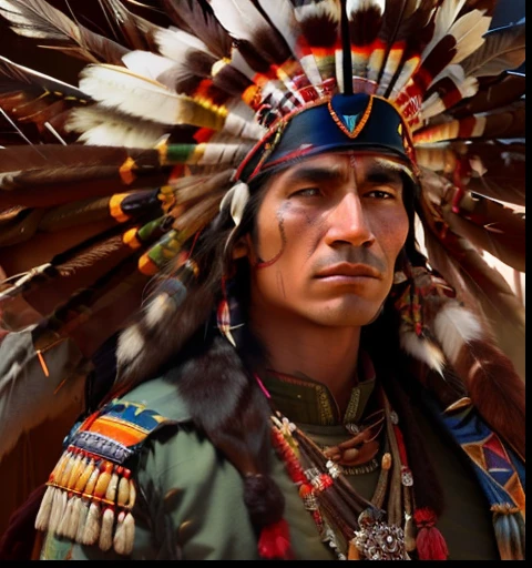 Extremely perfect cinematic humanized hyperrealistic image of a Native American man in a green outfit, Nativo americano, Um guerreiro nativo americano, Guerreiro nativo americano, nuvem vermelha, Indian warrior, Arte nativa americana, Directed by: Stan Stokes, Guerreiro habilidoso do Apache, eagle feather, : native american shamen fantasy, Indigenous, indigenous man, inspirado em George Catlin, Directed by: John Steell, Arte nativa, warrior spirit, 16k, highes definition, rosto detalhado, rosto detalhado, olhos detalhados, terno detalhado, estilo DC, hiper-realista, + Cinematographic shot + dynamic compositing, incrivelmente detalhado, nitidez, detalhes + detalhes soberbos + noite com luz + perfeccionismo + realismo premiado ((soft-lighting))