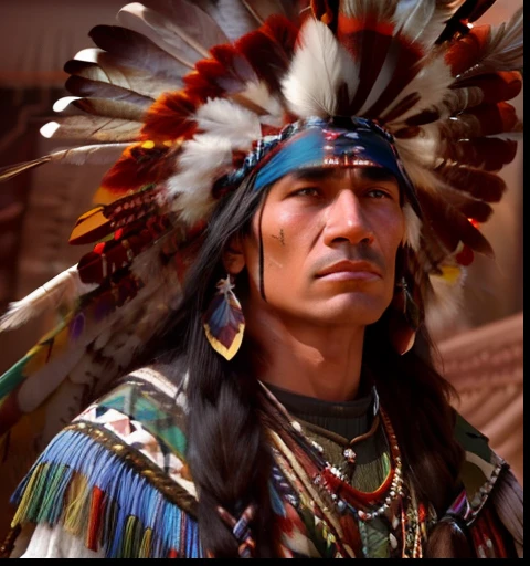 Extremely perfect cinematic humanized hyperrealistic image of a Native American man in a green outfit, Nativo americano, Um guerreiro nativo americano, Guerreiro nativo americano, nuvem vermelha, Indian warrior, Arte nativa americana, Directed by: Stan Stokes, Guerreiro habilidoso do Apache, eagle feather, : native american shamen fantasy, Indigenous, indigenous man, inspirado em George Catlin, Directed by: John Steell, Arte nativa, warrior spirit, 16k, highes definition, rosto detalhado, rosto detalhado, olhos detalhados, terno detalhado, estilo DC, hiper-realista, + Cinematographic shot + dynamic compositing, incrivelmente detalhado, nitidez, detalhes + detalhes soberbos + noite com luz + perfeccionismo + realismo premiado ((soft-lighting))