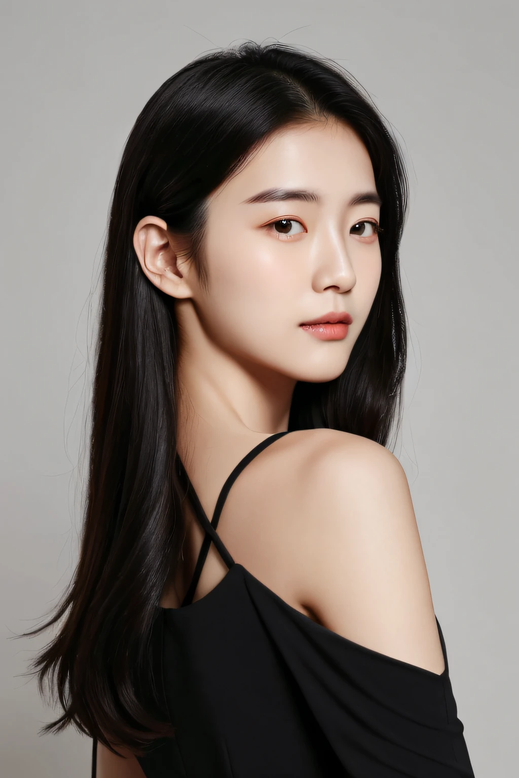 Man with sharp eyes, pointed chin and flat face with beautiful girl in black dress