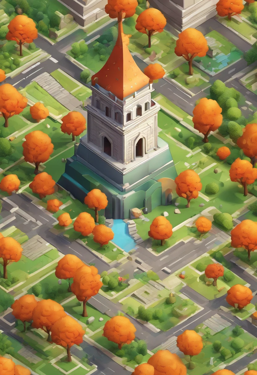 absurdos, best quality, fantasia, isometric, estilo knolling de (torre redonda de tijolo em miniatura:1.2), tree, Parede de Pedra, (fundo simples:1.2)