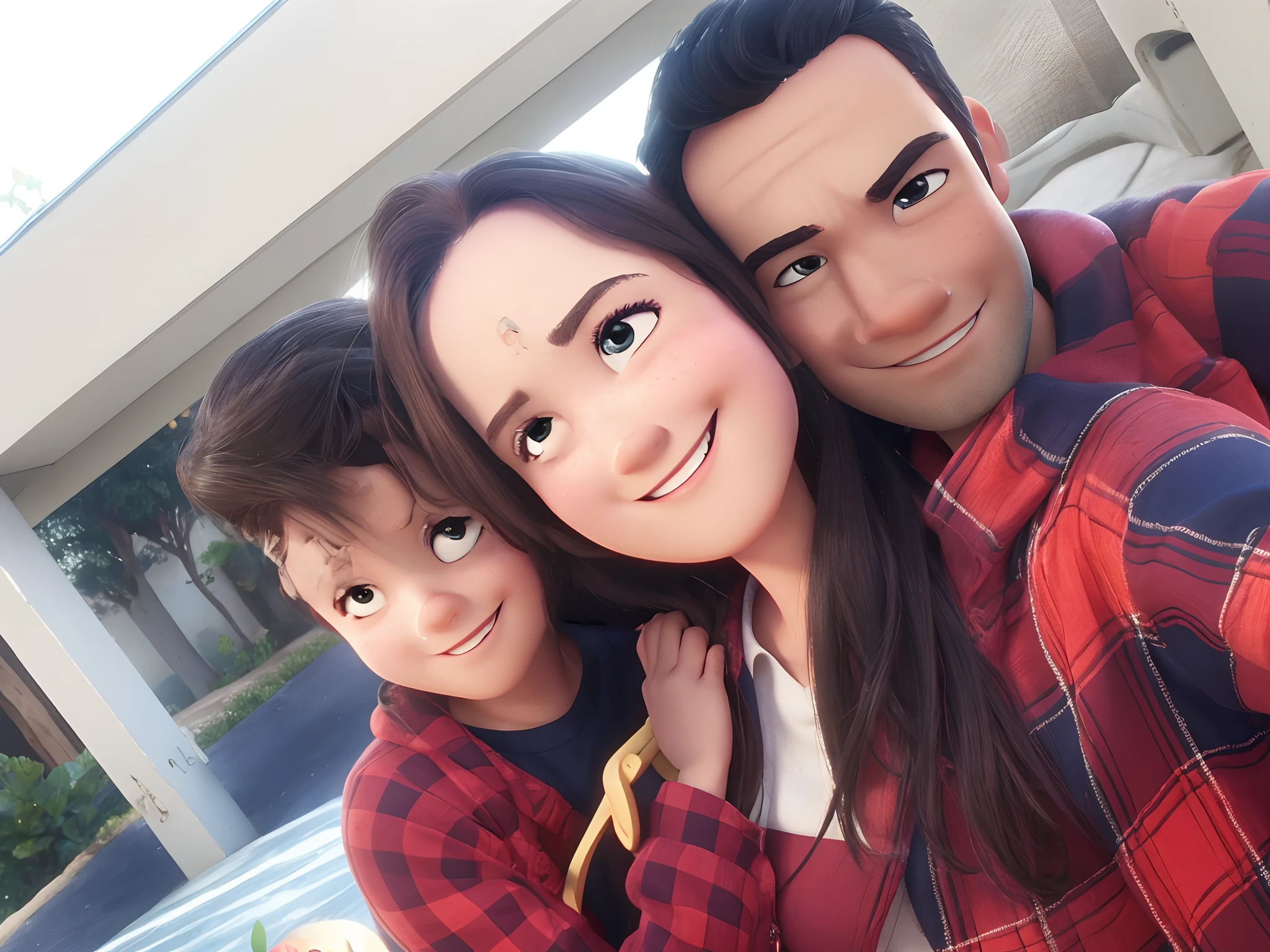 One family, Pai, Mother and son poster in Disney Pixar style, alta qualidade, melhor qualidade, deixar com os olhos semelhantes com os da imagem do foto castanhos.