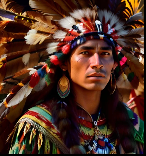 Extremely perfect cinematic humanized hyperrealistic image of a Native American man in a green outfit, Nativo americano, Um guerreiro nativo americano, Guerreiro nativo americano, nuvem vermelha, Indian warrior, Arte nativa americana, Directed by: Stan Stokes, Guerreiro habilidoso do Apache, eagle feather, : native american shamen fantasy, Indigenous, indigenous man, inspirado em George Catlin, Directed by: John Steell, Arte nativa, warrior spirit, 16k, highes definition, rosto detalhado, rosto detalhado, olhos detalhados, terno detalhado, estilo DC, hiper-realista, + Cinematographic shot + dynamic compositing, incrivelmente detalhado, nitidez, detalhes + detalhes soberbos + noite com luz + perfeccionismo + realismo premiado ((soft-lighting))