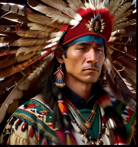 Extremely perfect cinematic humanized hyperrealistic image of a Native American man in a green outfit, Nativo americano, Um guerreiro nativo americano, Guerreiro nativo americano, nuvem vermelha, Indian warrior, Arte nativa americana, Directed by: Stan Stokes, Guerreiro habilidoso do Apache, eagle feather, : native american shamen fantasy, Indigenous, indigenous man, inspirado em George Catlin, Directed by: John Steell, Arte nativa, warrior spirit, 16k, highes definition, rosto detalhado, rosto detalhado, olhos detalhados, terno detalhado, estilo DC, hiper-realista, + Cinematographic shot + dynamic compositing, incrivelmente detalhado, nitidez, detalhes + detalhes soberbos + noite com luz + perfeccionismo + realismo premiado ((soft-lighting))