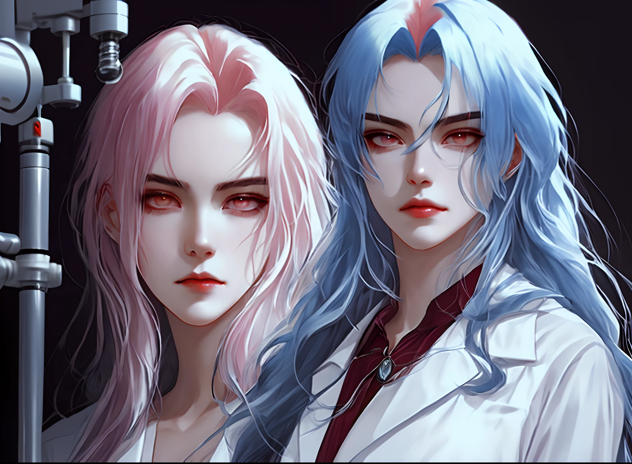 Pale Anime Woman with Brown Eyes, rostro dulce, He has a very elegant gothic dress, Her lips are pale pink, her hair long
dark and wavy brown, She's in a lab with a man with pale blue hair, With two long locks falling over his red-eyed forehead and his gaze is maniacal and domineering, he wears a scientist's suit