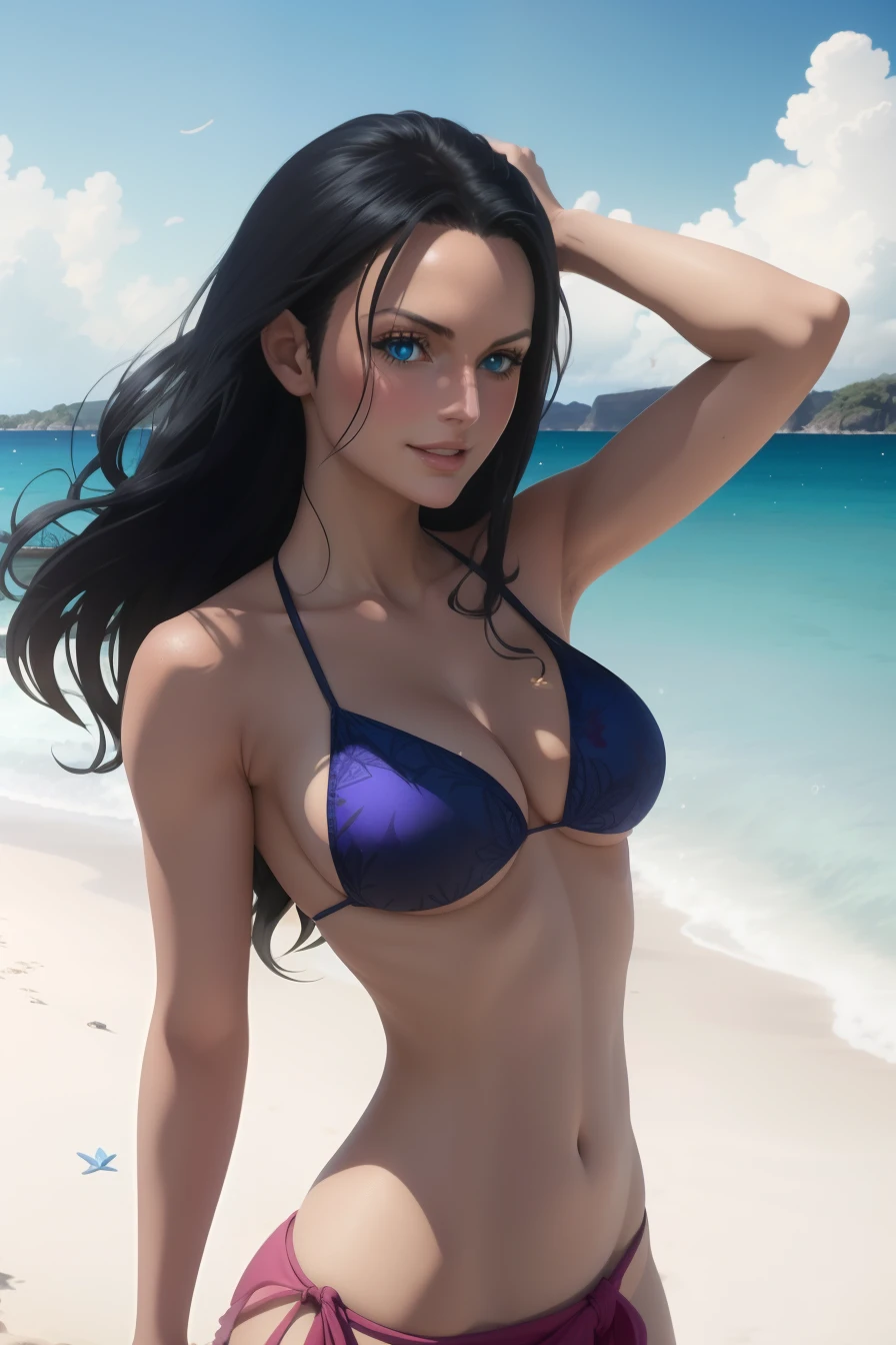 anime girl in bikini standing on the beach with hair flying in the wind, Nico Robin, ultra realistic 8K CG, Masterpiece, ((Ultra detailed background, delicate pattern, Intricate details)), (Highly detailed, Fine details), The best quality, 1girl, (photorealistic:1.4),beautiful lighting, absurd, RAW Photo, Film grain, ((big breasts, thin girl)), NicoRobin, 1girl, Long hair, black hair, only, blue eyes, cleavage, They are smiling, (big breasts), Nico Robin, beautiful blue eyes, big perfect breasts, sunglasses on top of the head,