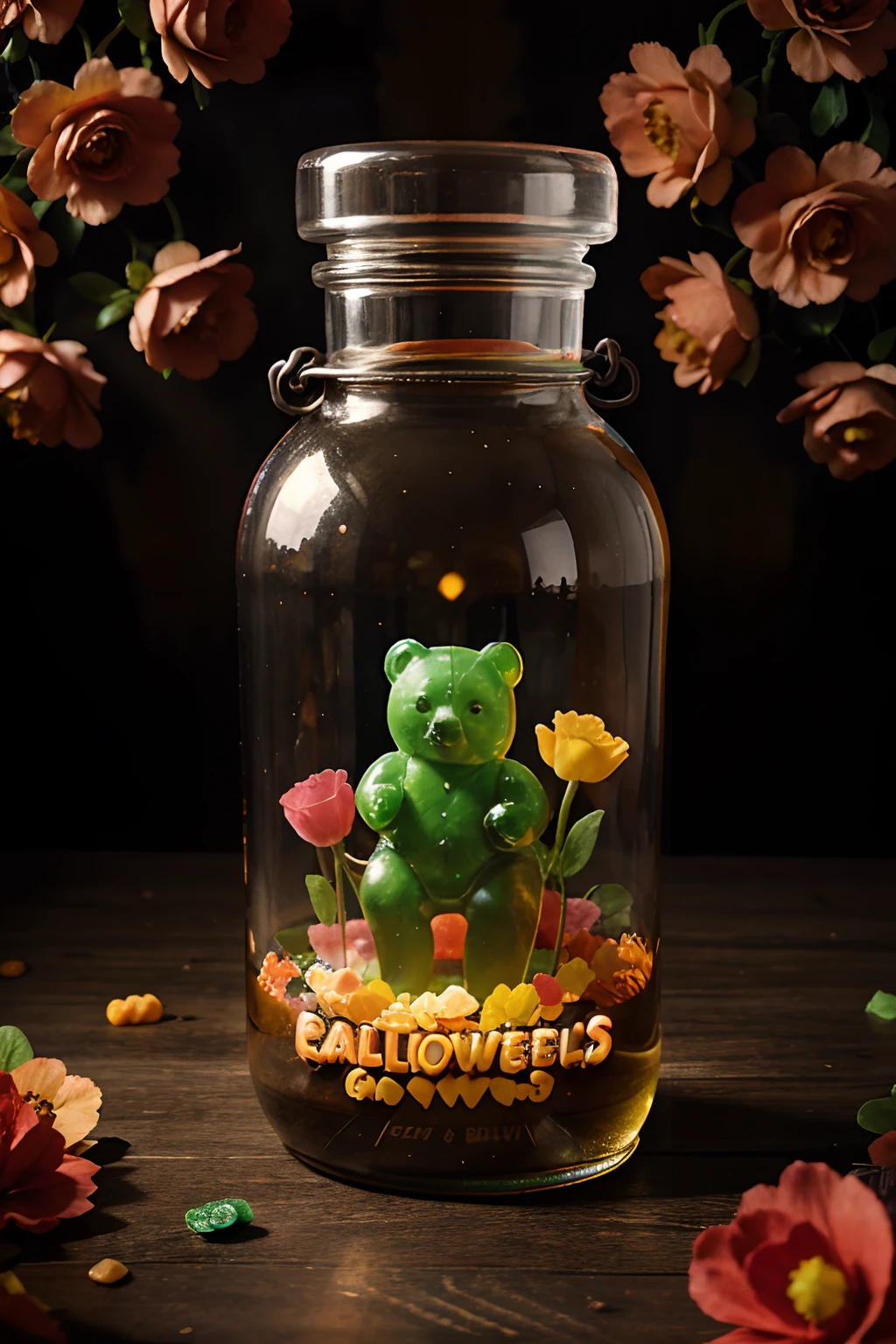 gummy bears growing like flowers in an enchanted forest, Halloween vibes