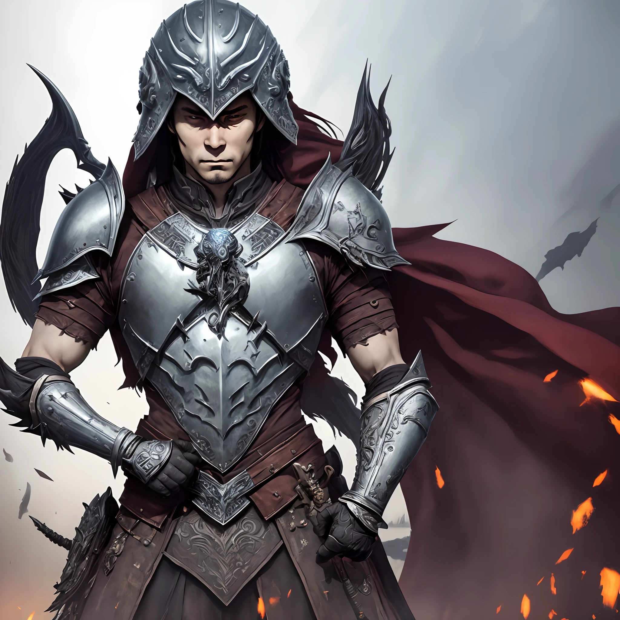 A formidable, brute-like set of armor is designed to strike fear into the hearts of onlookers. Crafted from dark, matte-black steel, this armor exudes an imposing presence. The breastplate is massive and heavily textured, giving it a rugged, battle-worn appearance. Jagged, obsidian-like spikes adorn the shoulders, emphasizing the armor's menacing aura.
The helmet, in the shape of a menacing visage, features a scowling, grimacing faceplate with red-tinted, narrow eye slits that glow ominously in low light. The helmet's crest is adorned with vicious, horn-like projections that add to its intimidating appearance.
The gauntlets and greaves are heavy and adorned with sharp, angular plating, as if they were designed to crush and maim. The backplate is etched with cryptic, tribal-like markings, giving it an air of mysticism and dark power.
Underneath, the wearer is swathed in a layer of shadowy black fabric that provides comfort and mobility while maintaining the imposing look. This armor is the embodiment of intimidation and brute strength, perfect for a warrior who seeks to strike terror into the hearts of their foes.