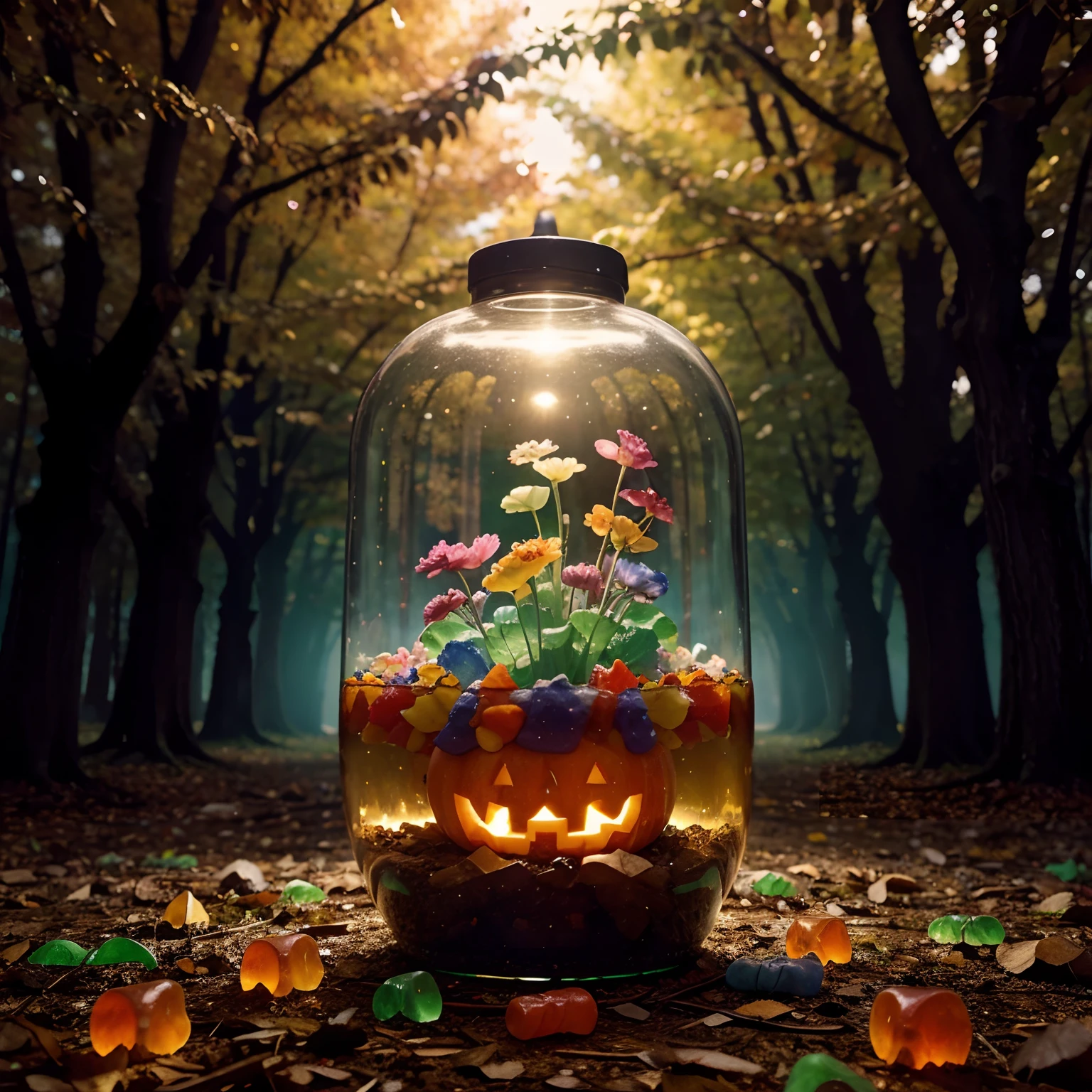 gummy bears growing like flowers in an enchanted forest, Halloween vibes