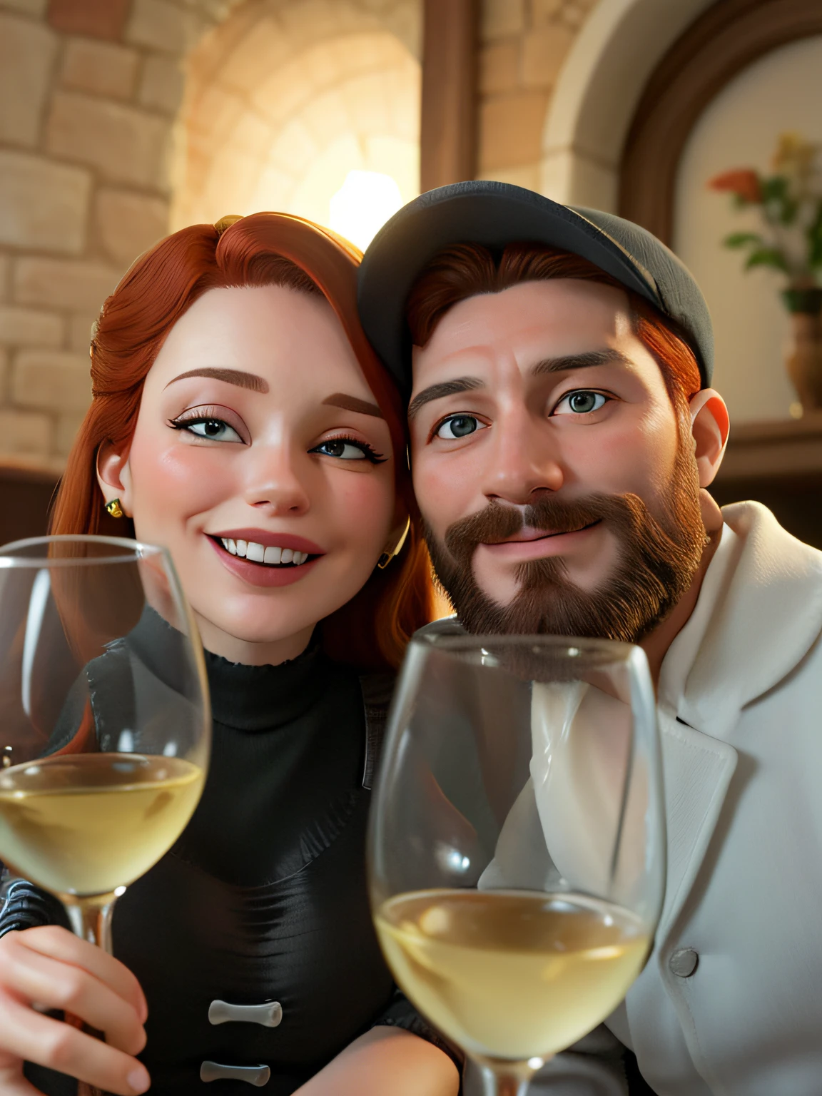 mulher 40 anos, ruiva, com olhos caramelo, homem 40 anos, com boina azul, barba, Wine glasses, alta qualidade, melhor qualidade