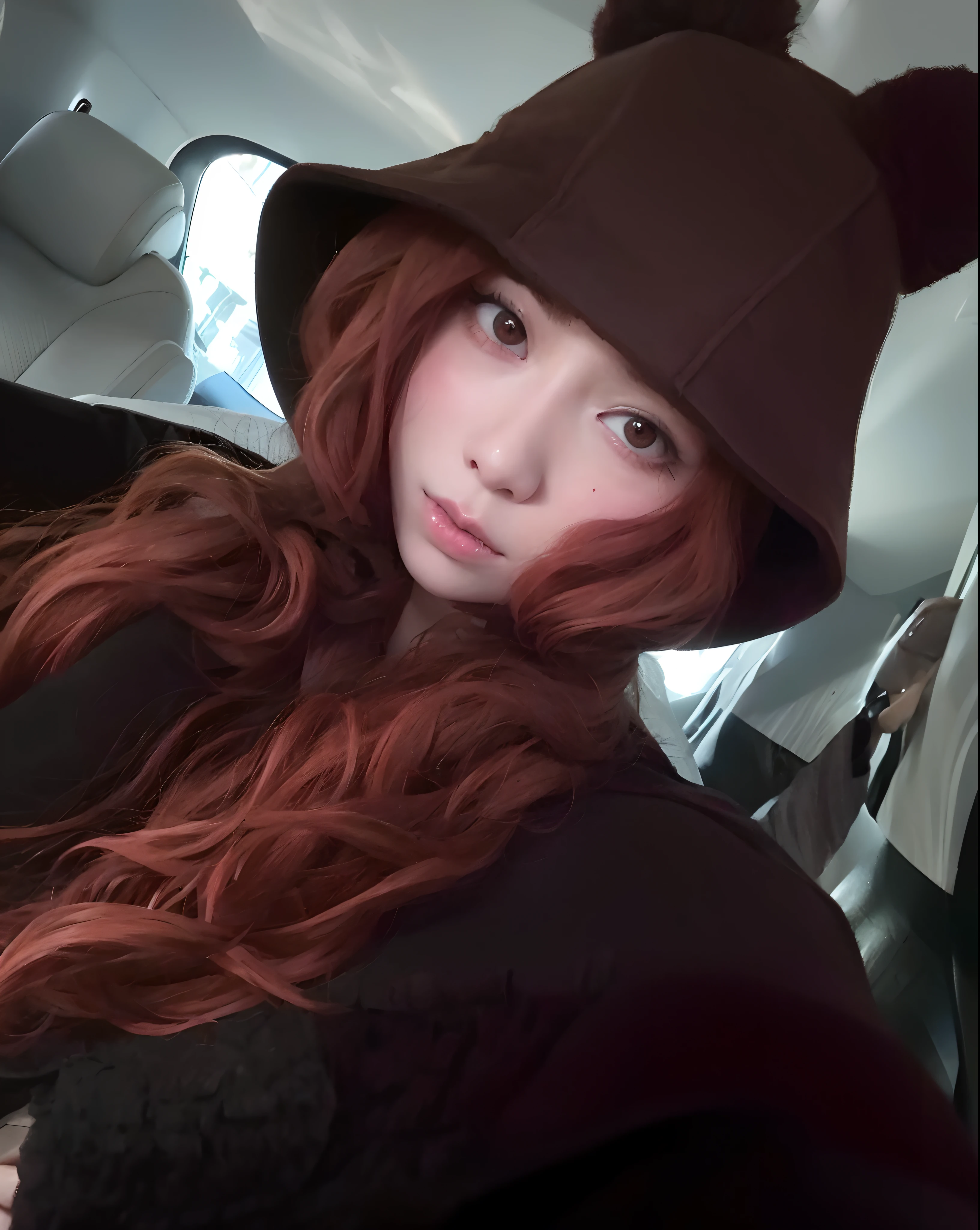 There's a long-haired, red-haired woman wearing a brown hat, ulzzang, en una capa con pelos largos, Kemonomimi, Sakimichan, Fairycore, Chiho, Hermosa Delphine, con capa, Jossi de Blackpink, con el pelo largo, con el pelo largo y rojo, Ella tiene el pelo largo redorange, with brown hair, El Corte Hime