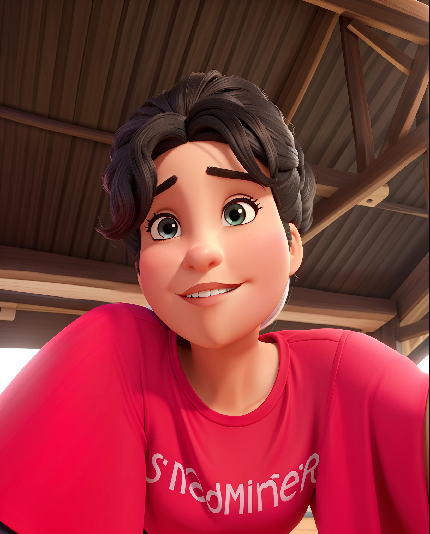 Uma mulher branca de cabelo preto curto estilo pixar, alta qualidade, melhor qualidade