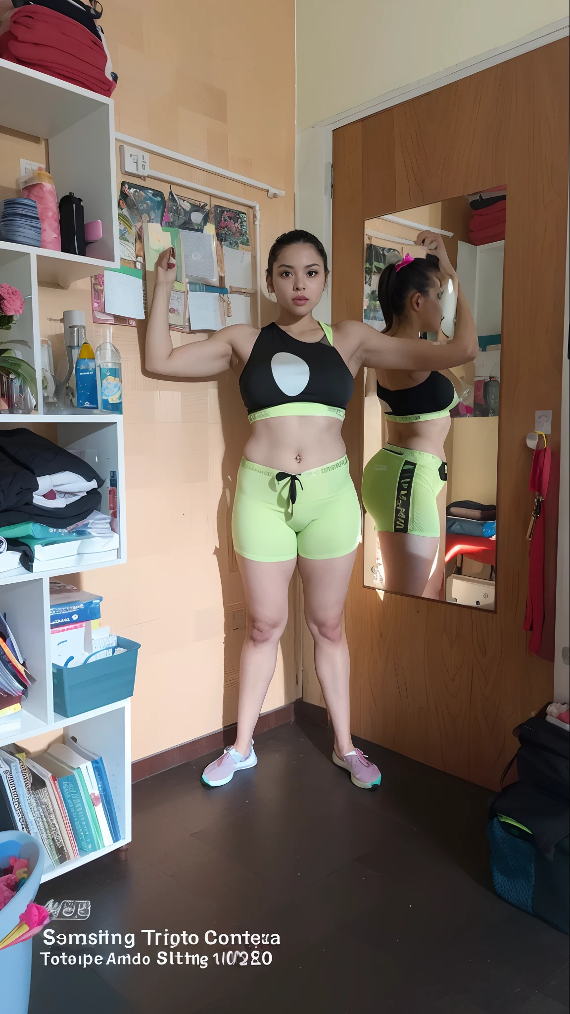 There's a woman in front of a mirror with her arms crossed, foto fit, Pose frontal, Posar e flexionar, posando pronto para uma luta, imagem de corpo inteiro, recorte de meio corpo, vestindo croptop amarelo, Cottagecore!! corpo fitness, 2 arms and 2 legs!, cintura magra e quadris grossos, arms to side, tiro no meio do corpo