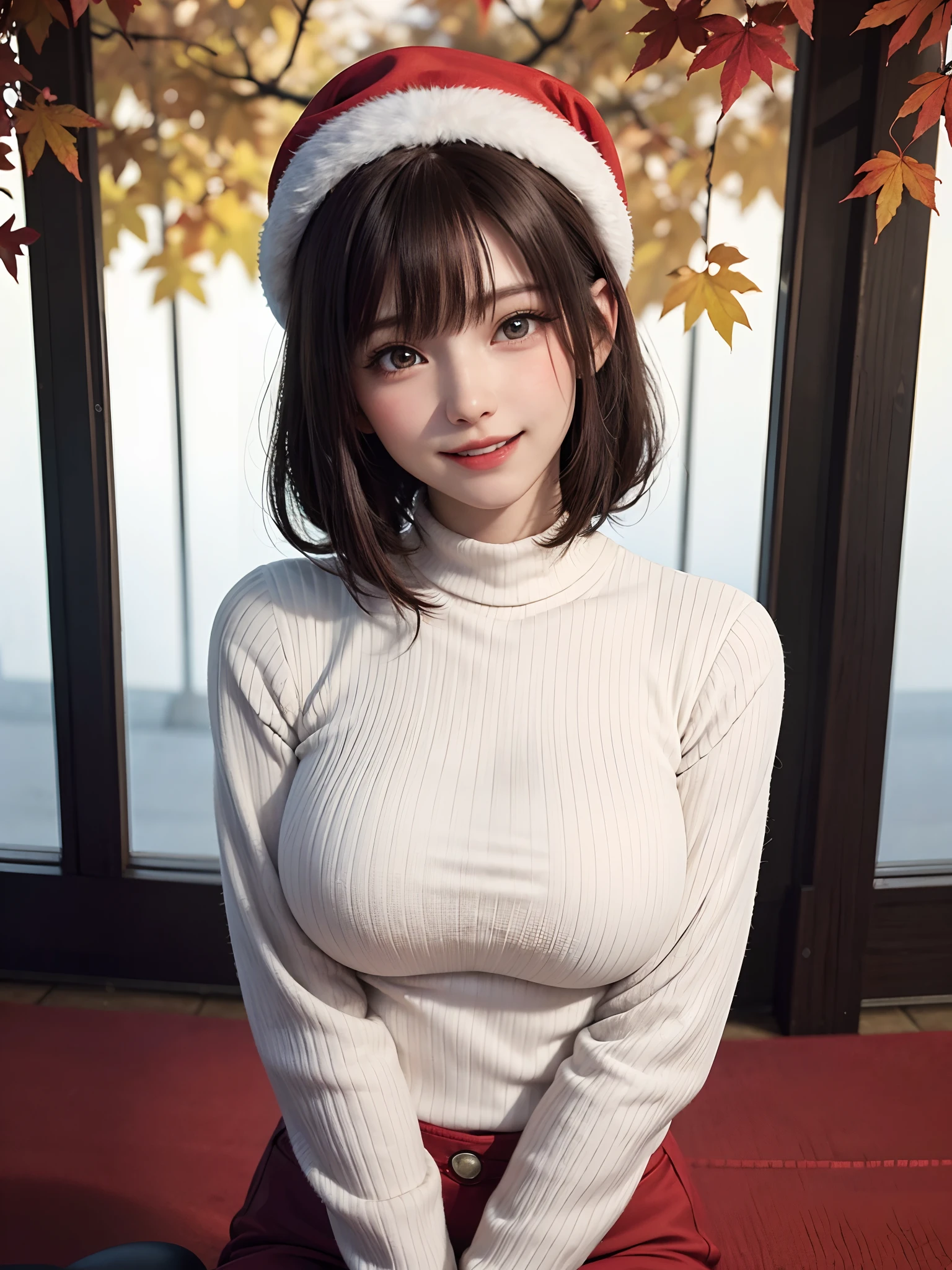 (masutepiece:1.4, top-quality、The ultra -The high-definition:1.4，Very attractive adult beauty with a very cute smile:1.4、Add intense highlights to the eyes:1.4、Look firmly at the camera、Put your right hand on your chest、Beautiful woman full of adult charm:1.4),1girl in, 独奏, brunette short bob shiny hair, muffler,Santa Claus hat:1.4,realisitic, looking at the viewers, Bright colored crystal light blue eyes:1.4, short shiny hair, Santa Claus see-through knit、 Santa Claus red and white see-through costume with a turtleneck and a round hole in the center of the chest:1.4,Sexy red and white turtleneck see-through knit sweater with a round hole in the center of the chest:1.4、 s lips, lipgloss:1.4，bangss, The upper part of the body、big eye、Lashes、The face is a little red:1.4、Embarrassing)、((Canada's tree-lined streets in winter:1.4))、((Brunette's short bob hair with bangs、big eye、Put very strong highlights in your students:1.4、{Gigantic|Big|Huge|Mega} breasts:1.4、very Bigger breasts、gazing at viewer、Very beautiful beauty、Put your ears out:1.4、long neck:1.4、little smiling、Beautiful teeth、Open your mouth and smile:1.4))、28 year old:1.4、Super cute and attractive supermodel:1.4、