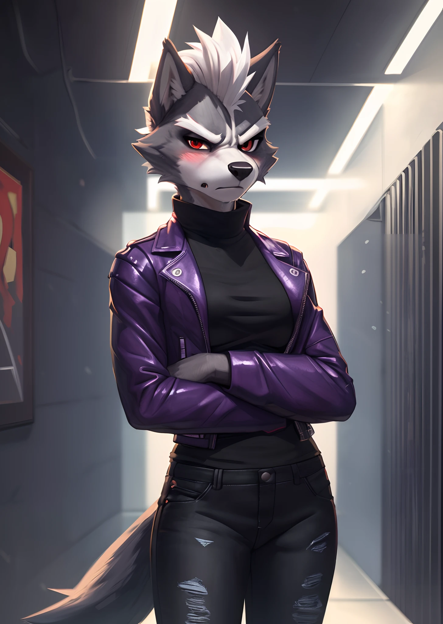 [wolf o'donnell], [Uploaded to e621.net; (Pixelsketcher), (wamudraws), (fluffkevlar)], [uploaded to twitter.com; (@senip)], ((masterpiece)), ((HD)), ((high quality)), ((solo portrait)), ((full body)), ((furry; anthro wolf)), ((detailed fur)), ((detailed shading)), ((beautiful render art)), {anthro; (slim figure), grey fur, black nose, (white mohawk), (cute red eyes), (medium boobs), (gorgeous hips), (beautiful legs), (blushing), (angry), (frown)}, {(purple leather jacket), (black tee shirt), (tight black ripped jeans)}, {(standing), (arms folded under breasts), (looking at viewer)}, [background; (hallway), (metal walls), (ceiling lights), (si-fi), (ambient lighting)]