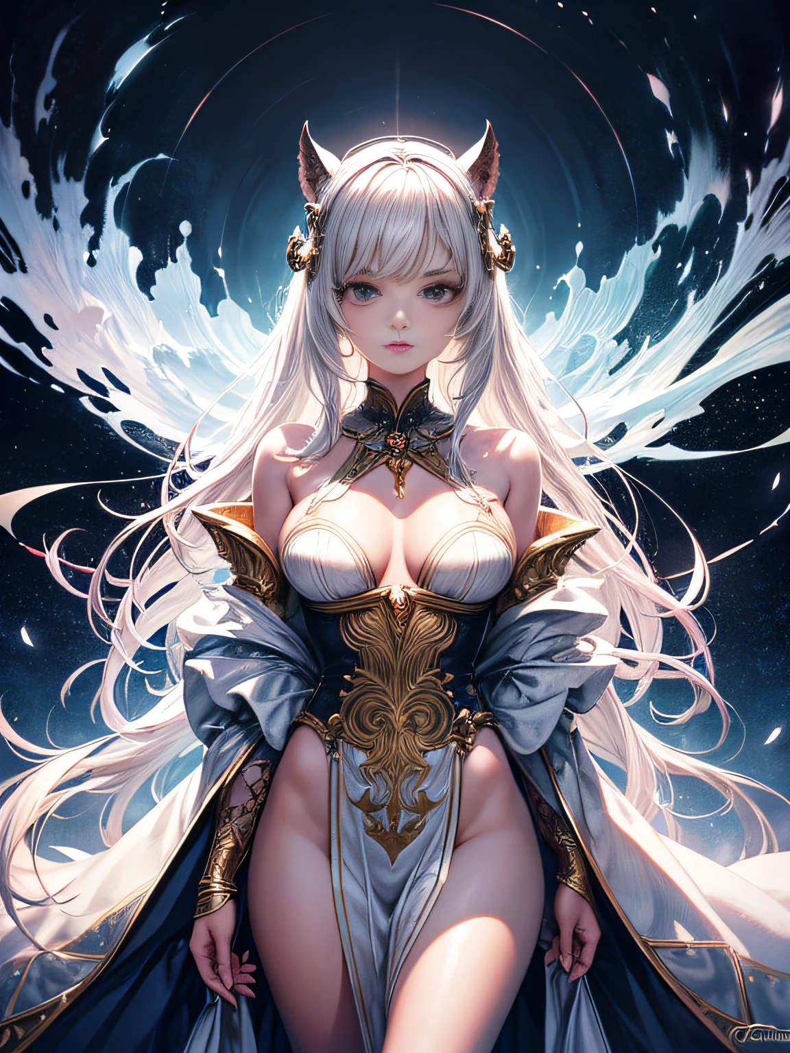 fantasia estilo vintage, master part, magnificent art, best quality, 1girl, Nordic princess girl, Montanhas escandinavas, clima de inverno, symmetrical and hyperdetailed face, Silky skin like peach silk, olhos verdes vibrantes e agressivos, Messy white hair down to the waist, corpo escultural, (Sparks: 0.7), Adobe Illustration, Trand at the Art Station, 8k, disco Rigido, UHD, Cool and soft lighting,  --Q 500 --s 100, -