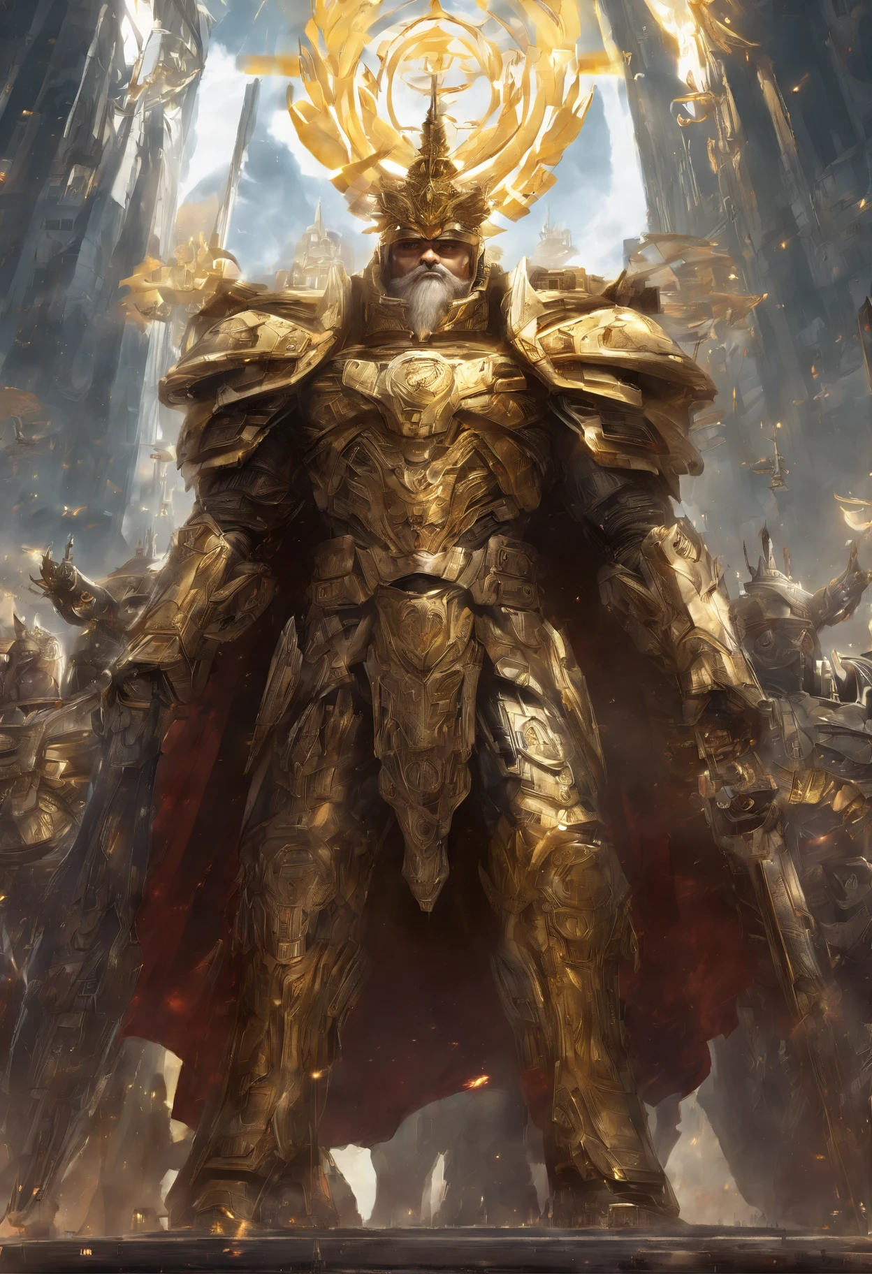 The Emperor of Humanity in his triumphant moment of victory as the Warhammer universe's supreme ruler, surrounded by his loyal subjects and armies. (best quality,4k,8k,highres,masterpiece:1.2),ultra-detailed,(realistic,photorealistic,photo-realistic:1.37), regal golden armor, majestic pose, transcendent energy radiating from his body, intricate detailed face and beard, piercing, wise eyes radiating power, intricate ornate crown symbolizing his authority and wisdom, angelic halo-like aura surrounding his head, surrounded by battleships and spacecrafts displaying his dominion over space, glowing power armor emitting a divine light, massive golden throne upon which he sits, with intricate engravings and symbols representative of his achievements, a vast, futuristic cityscape in the background, showcasing his empire's technological prowess, blazing banners depicting his heraldry and emblems fluttering in the wind, a golden sun shining, casting a warm light on the scene, illuminating the Emperor's grandeur and majesty. (landscapes,scifi,concept art,war)
