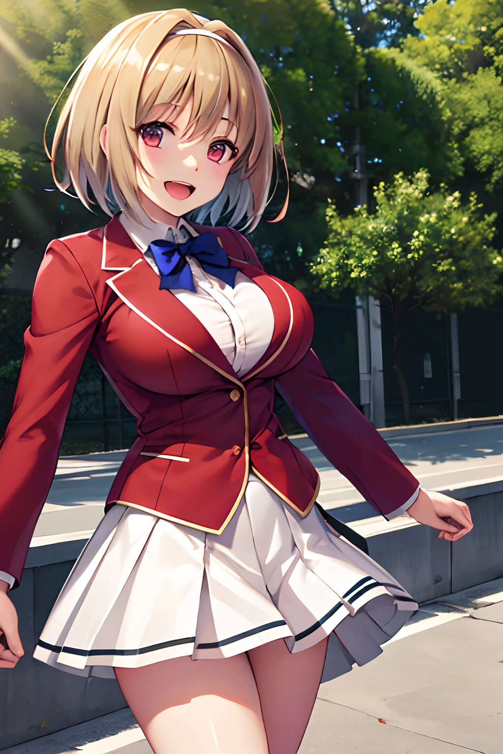 Big tits, masterpiece, best quality, highres, aakikyo, short hair, hair intakes, white hairband, blue bowtie, collared shirt, blazer, red jacket, long sleeves, white skirt, pleated skirt, black socks, cowboy shot, standing, outdoors, straight-on, arms at sides, smile, open mouth,