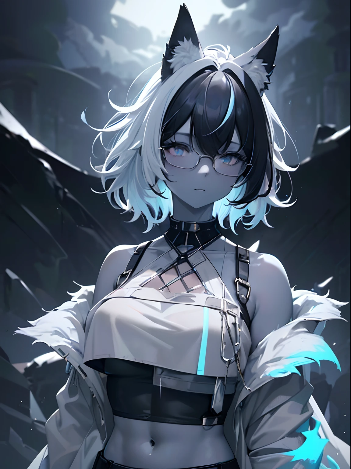 (masterpiece,best quality,ultra-detailed),1girl,black hair,short hair,messy hair,wolf ears,(((coloured skin,pale blue skin))),black crop top, ruffled crop top,glasses,((grey theme)),((pastel colours theme)),in a meadow,night,cloudy