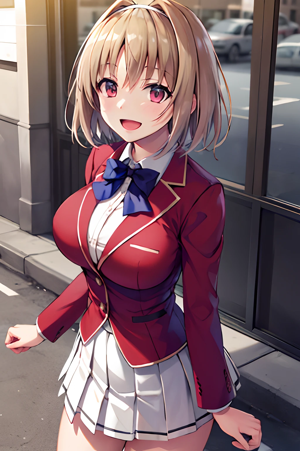 Big tits, masterpiece, best quality, highres, aakikyo, short hair, hair intakes, white hairband, blue bowtie, collared shirt, blazer, red jacket, long sleeves, white skirt, pleated skirt, black socks, cowboy shot, standing, outdoors, straight-on, arms at sides, smile, open mouth,