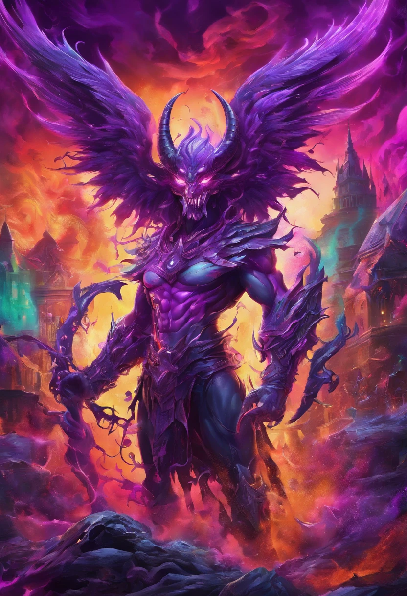 (best quality,4k,8k,Altas,master part:1.2),ultra-detalhado,(Realistic,fotorrealista,photo-realistic:1.37),Evil demon with glowing purple abyssal powers,Casting Mystic Soul Spells,Cute demon,Large Irregular Demonic Horns,Huge Demon Angel Wings,atmosfera escura e sinistra,sorriso sinistro,olhos vermelhos brilhantes penetrantes,demonic aura,Enchanting purple mist,fundo sombrio,Epic, dramatic lighting,beleza sobrenatural,dramatic pose,Burning Sulphur Scenery