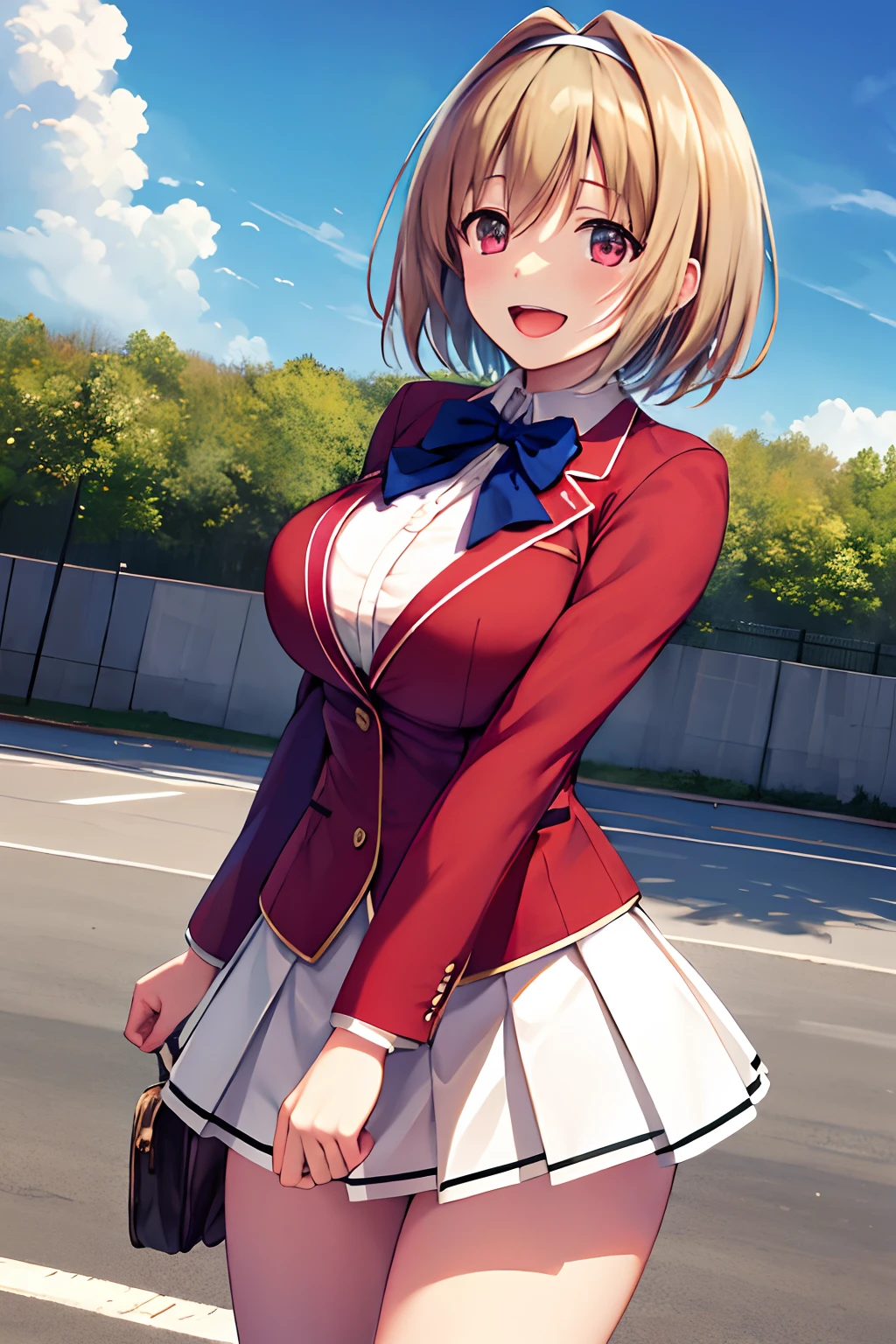 Big tits, masterpiece, best quality, highres, aakikyo, short hair, hair intakes, white hairband, blue bowtie, collared shirt, blazer, red jacket, long sleeves, white skirt, pleated skirt, black socks, cowboy shot, standing, outdoors, straight-on, arms at sides, smile, open mouth,