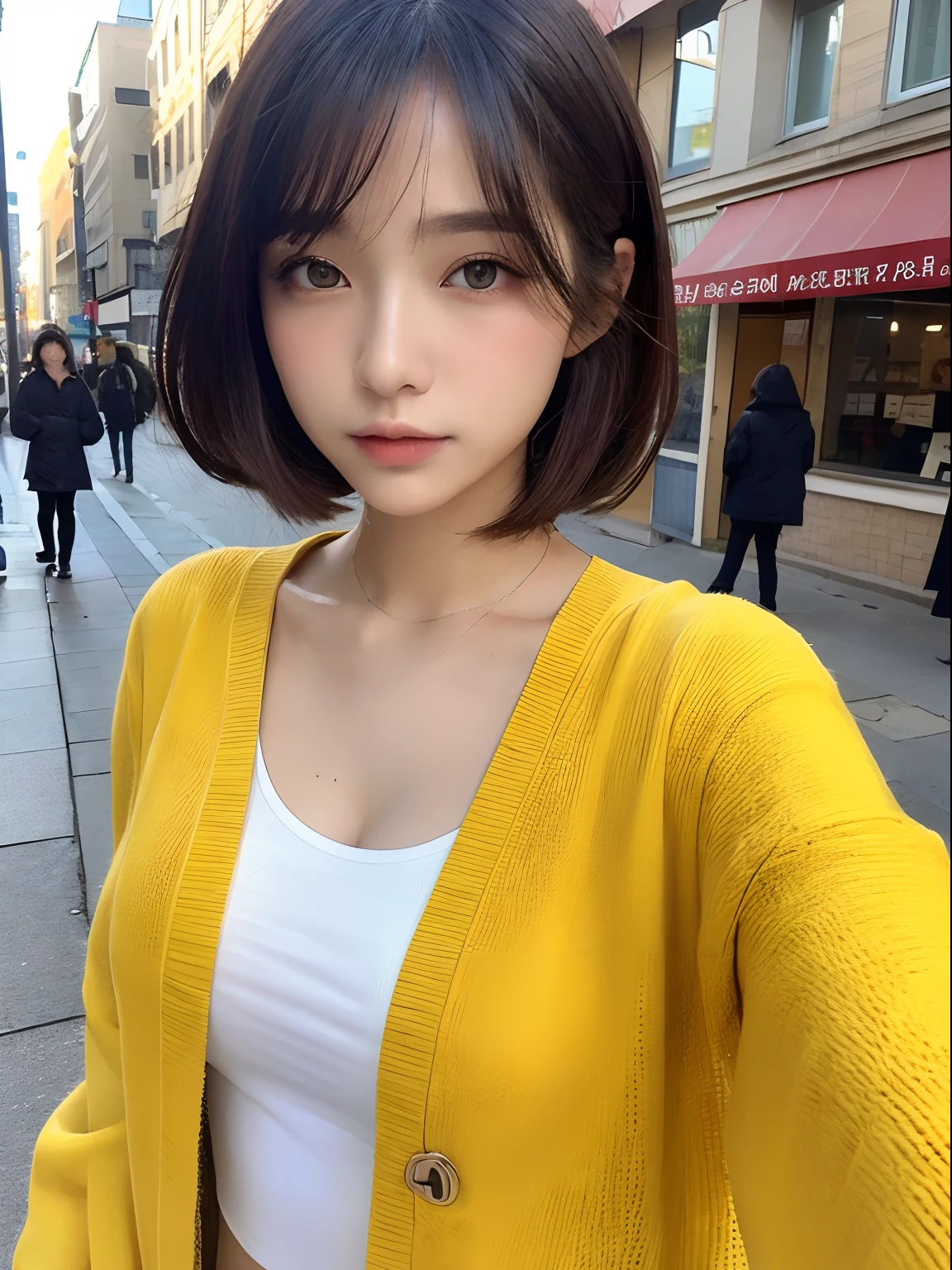 ((top-quality、8K、masterpiece:1.3))、foco nítido:1.2、Beautiful woman with perfect body:1.4、Slim abdomen:1.2、((Layered Haircut、small tits:1.2)) (Photorealsitic:1.1)、(Manish Shorthair)、(Sateen、a street:1.2)、Wet body:1.1、Highly detailed facial and skin texture、 A detailed eye、二重まぶた、Transparent white skin、Cold winter clothes、Light bangs、Mustard yellow outerwear