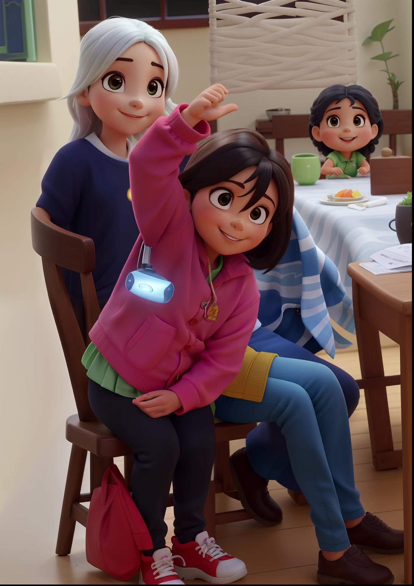 Uma senhora oriental, cabelos curtos e grisalho, An asian girl in front, um garotinho oriental bonito, sentado de frente, na mesa da cozinha, sorridentes com ternura, iluminado pela luz solar, tendo como pano de fundo a lareira, sunlight,olhos bonitos,cabelos castanhos,luz solar quente,luz solar dourada,vivid colors,Ethereal,happy expression,Contraste,soft lighting,atmosfera serena,detalhes proeminentes,realistic lighting,cores vibrantes,master part:1.2,ultra-detalhado,fotorrealista:1.37,pose graciosa,arredores iluminados pelo sol,brisa suave,Ambiente natural,pele beijada pelo sol,harmonious composition,folhagem verde exuberante,luz solar fraca,Tranquil setting,ambiente sereno,Semelhante a um sonho,Peaceful behavior